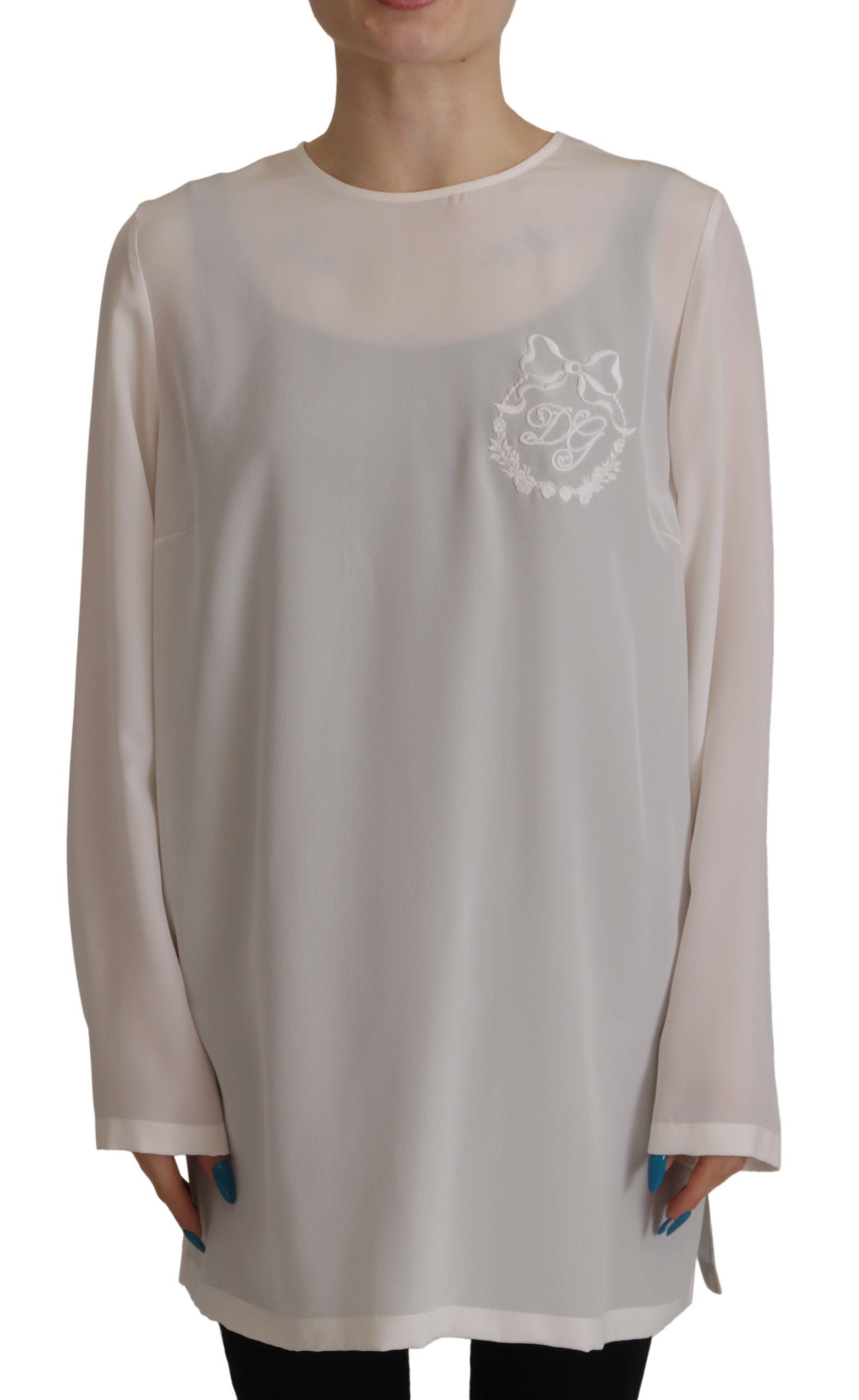 Dolce & Gabbana White Silk DG Logo Embroidered Long Sleeves Blouse Dolce & Gabbana