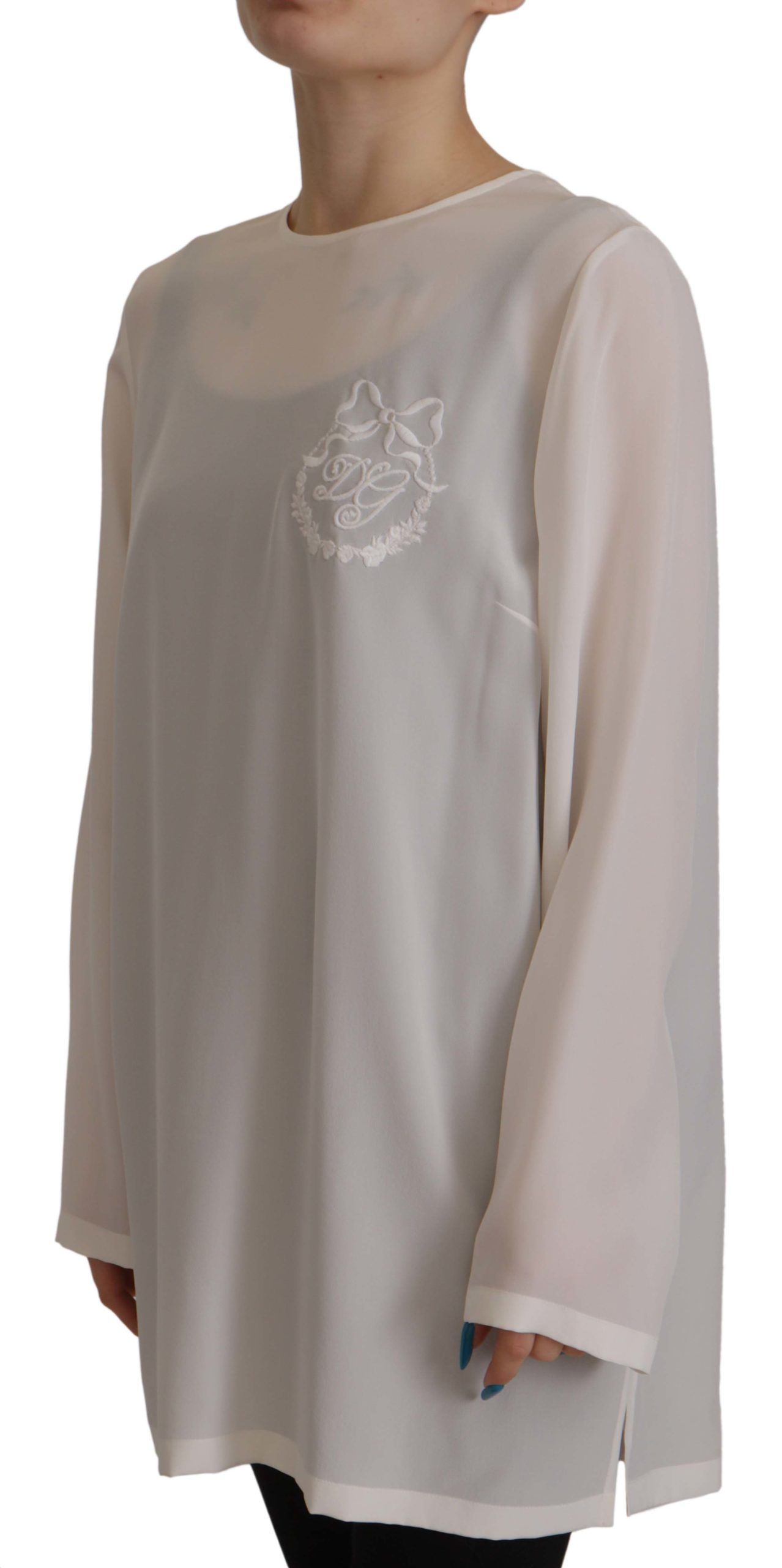 Dolce & Gabbana White Silk DG Logo Embroidered Long Sleeves Blouse Dolce & Gabbana