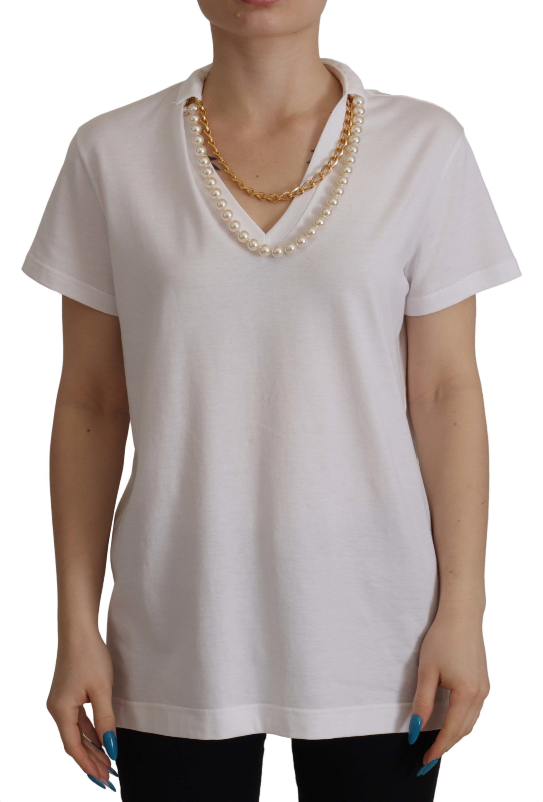Dolce & Gabbana White Necklace Embellished Neckline T-shirt Top Dolce & Gabbana