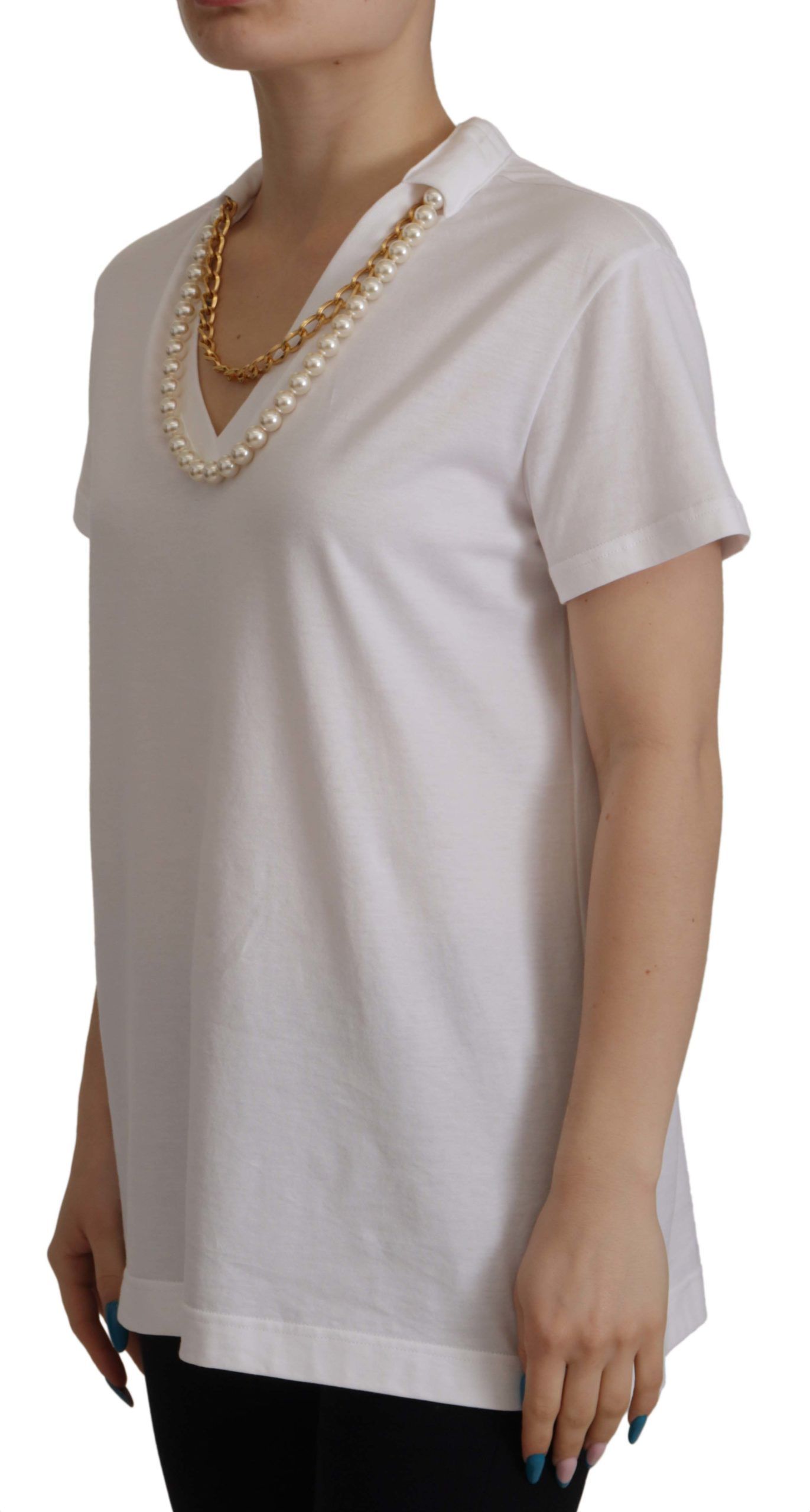 Dolce & Gabbana White Necklace Embellished Neckline T-shirt Top Dolce & Gabbana
