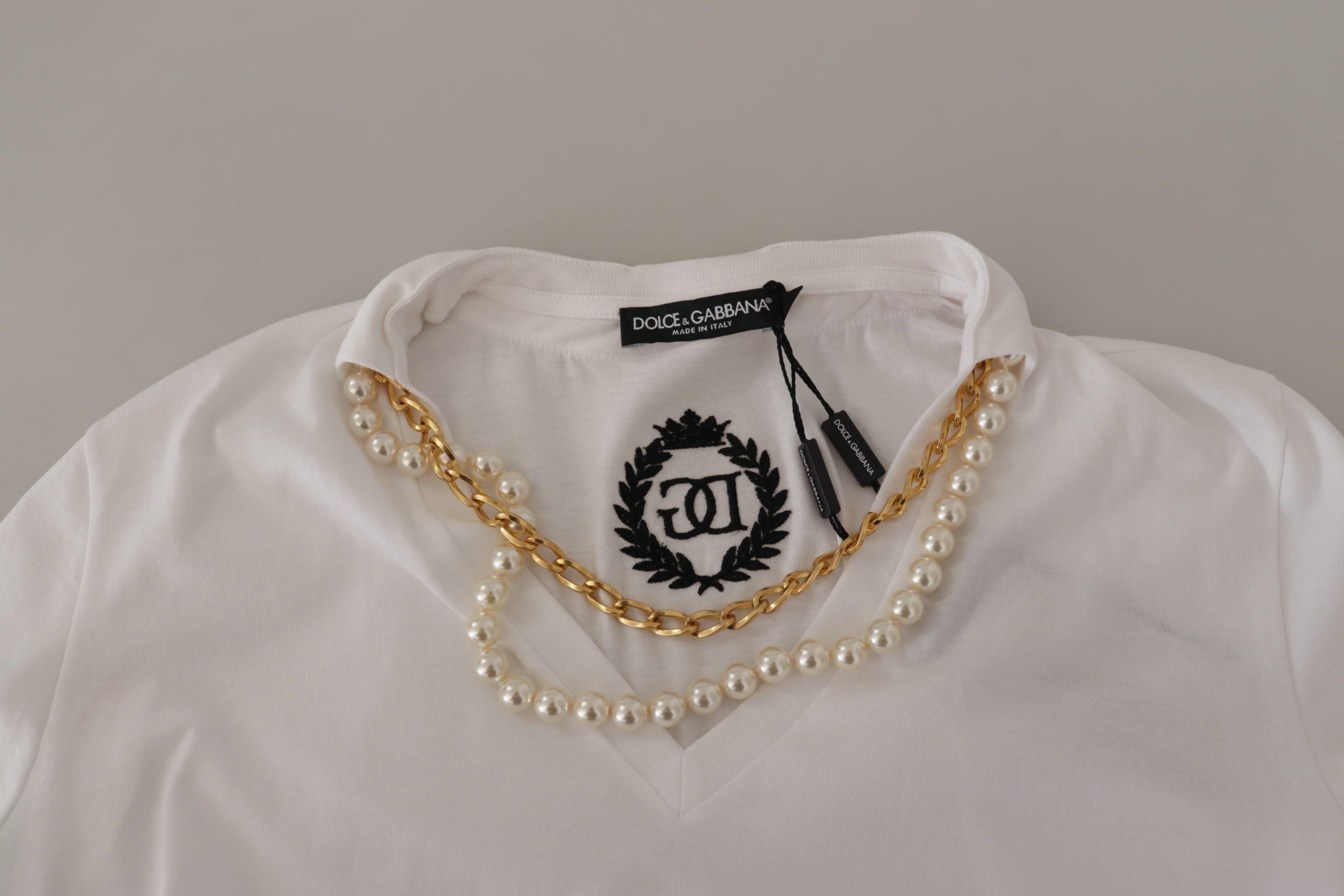 Dolce & Gabbana White Necklace Embellished Neckline T-shirt Top Dolce & Gabbana