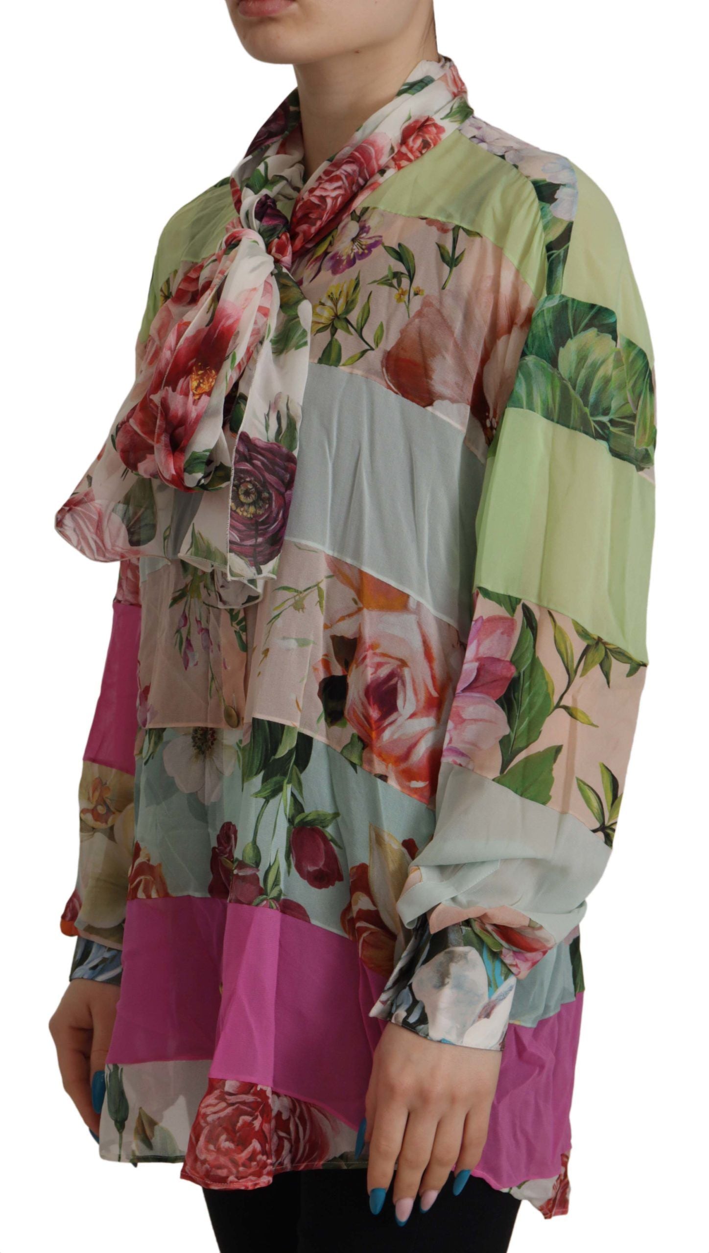 Dolce & Gabbana Multicolor  Floral Patchwork Design Ascot Collar Top Blouse Dolce & Gabbana