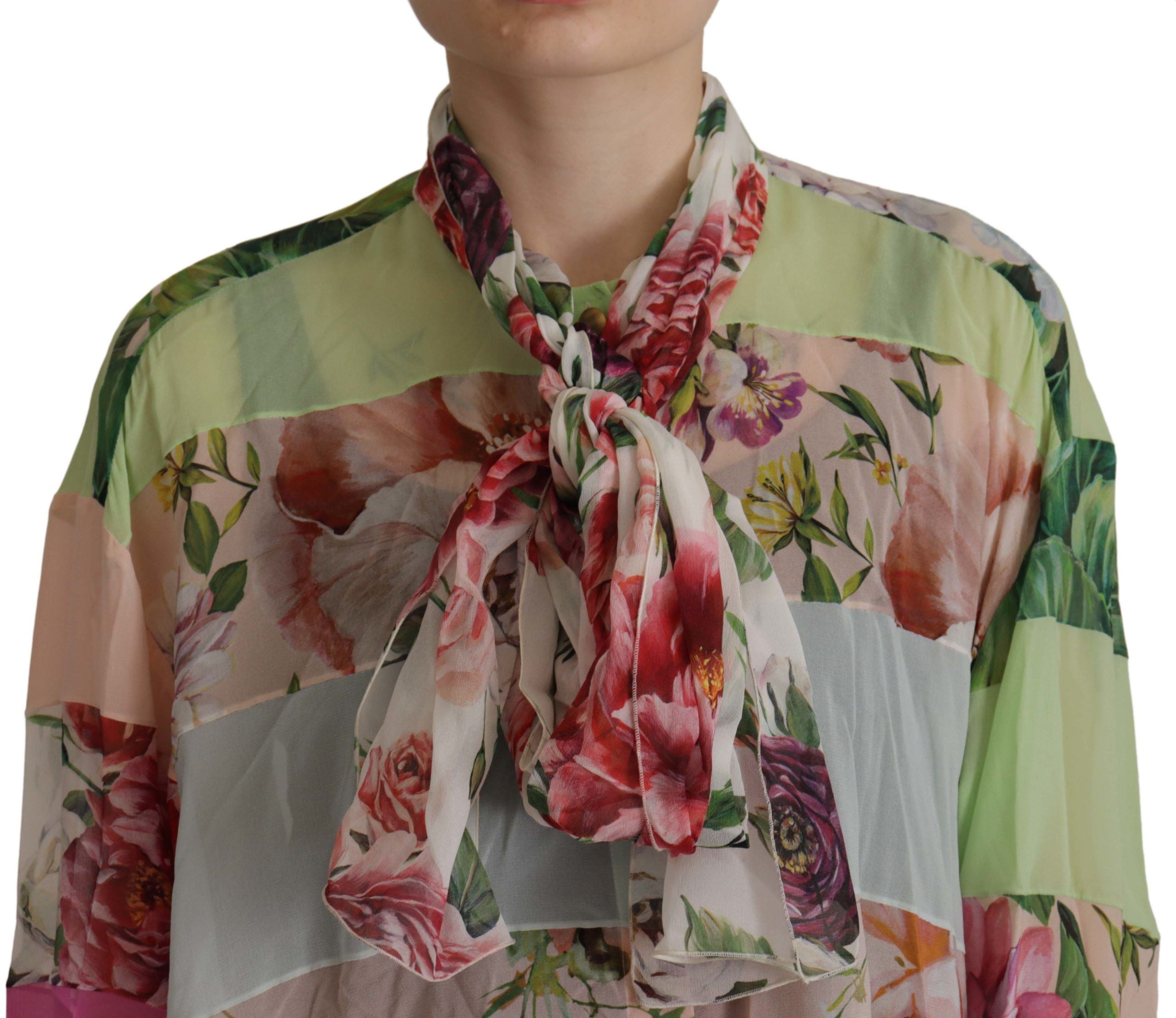 Dolce & Gabbana Multicolor  Floral Patchwork Design Ascot Collar Top Blouse Dolce & Gabbana
