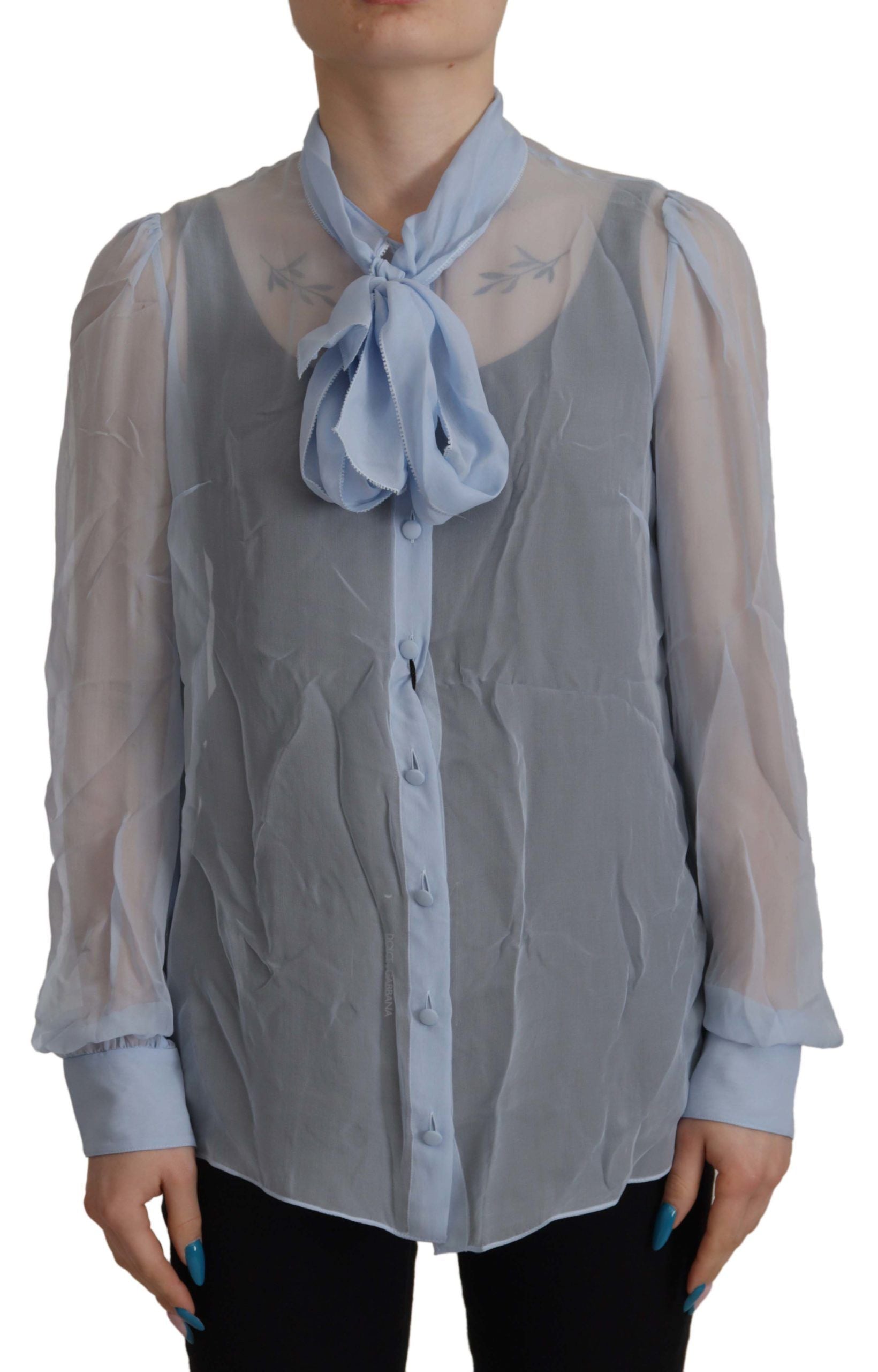Dolce & Gabbana Light Blue Silk Ascot Collar Long Sleeves Top Dolce & Gabbana