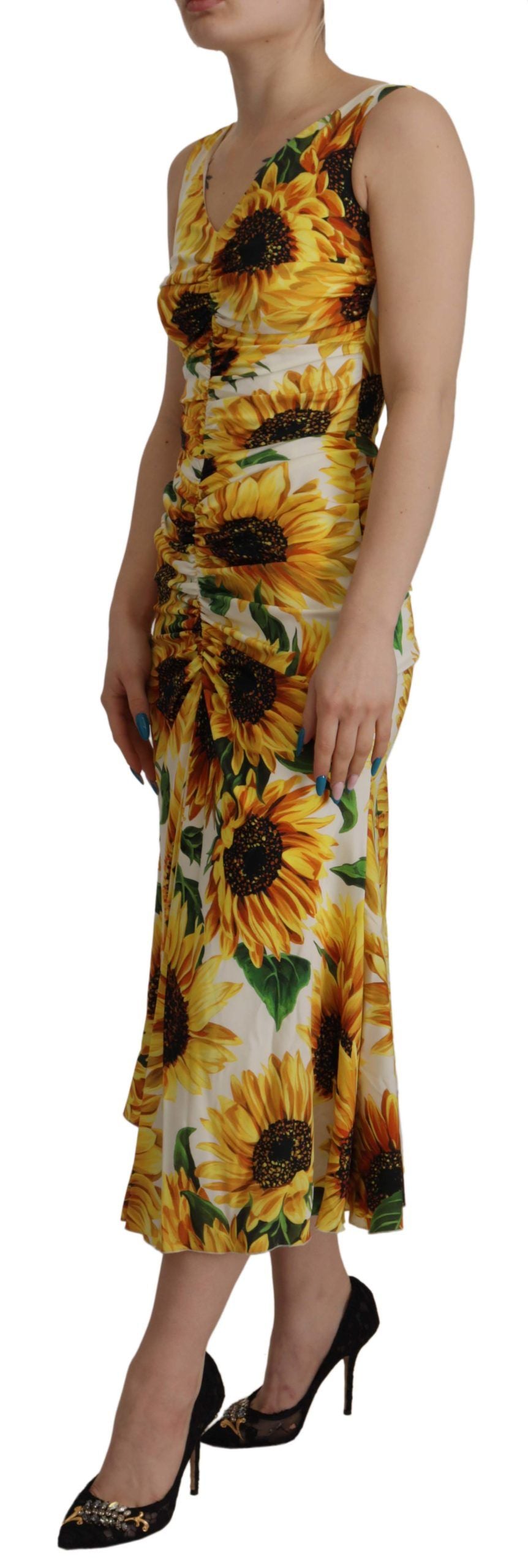 Dolce & Gabbana White Sunflower Print Sheath Midi Silk Dolce & Gabbana