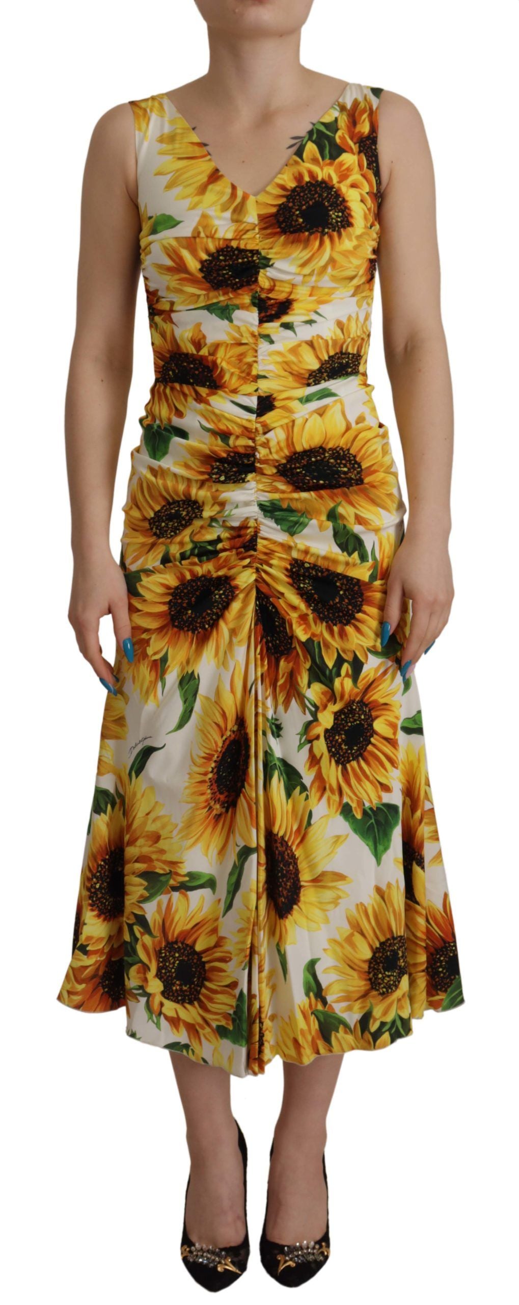 Dolce & Gabbana White Sunflower Print Sheath Midi Silk Dolce & Gabbana