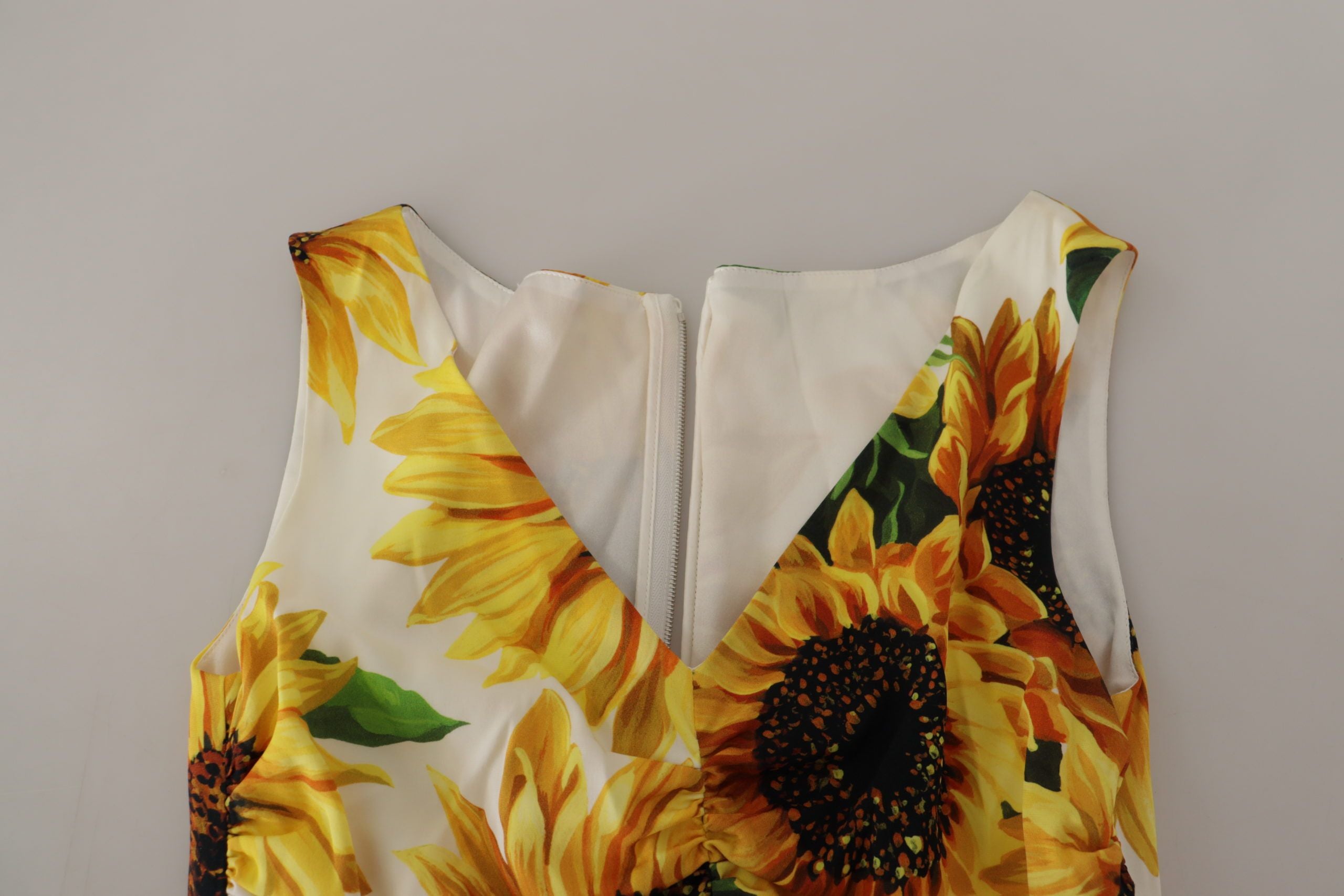 Dolce & Gabbana White Sunflower Print Sheath Midi Silk Dolce & Gabbana
