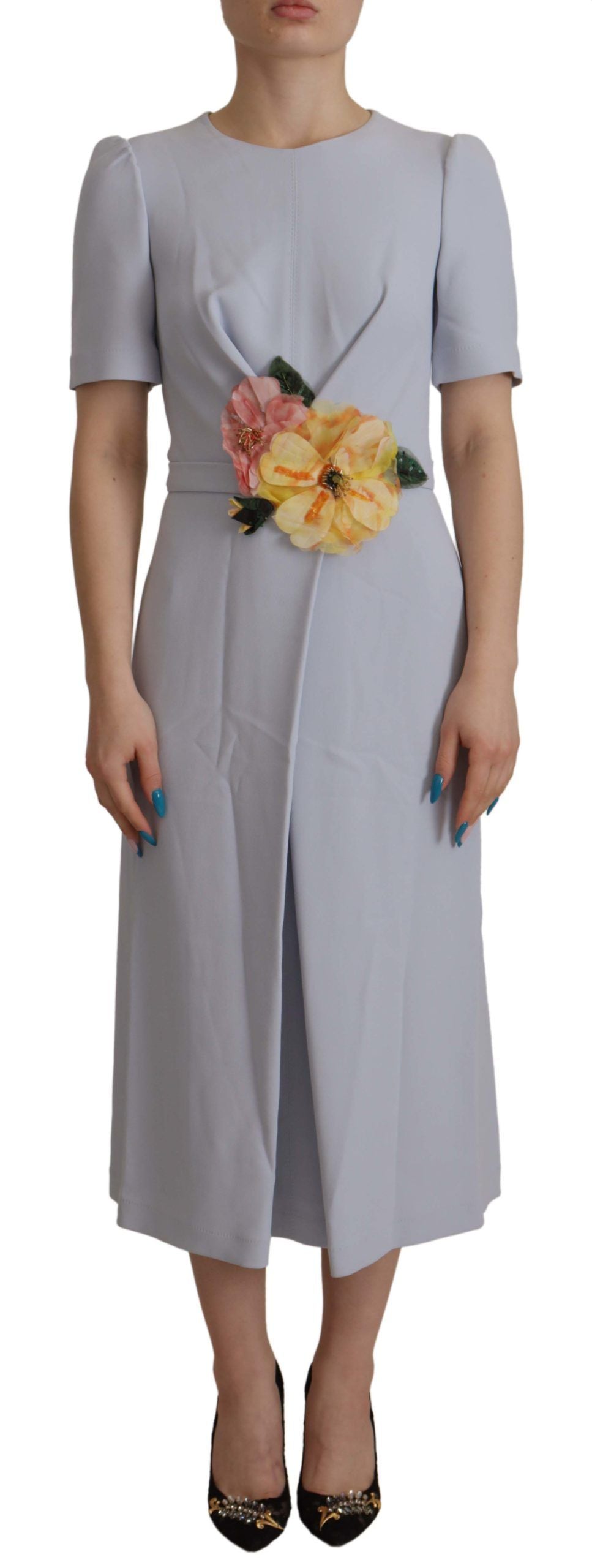 Dolce & Gabbana Blue Floral Applique Midi Viscose Dress Dolce & Gabbana