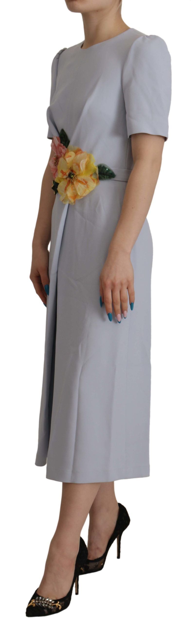 Dolce & Gabbana Blue Floral Applique Midi Viscose Dress Dolce & Gabbana
