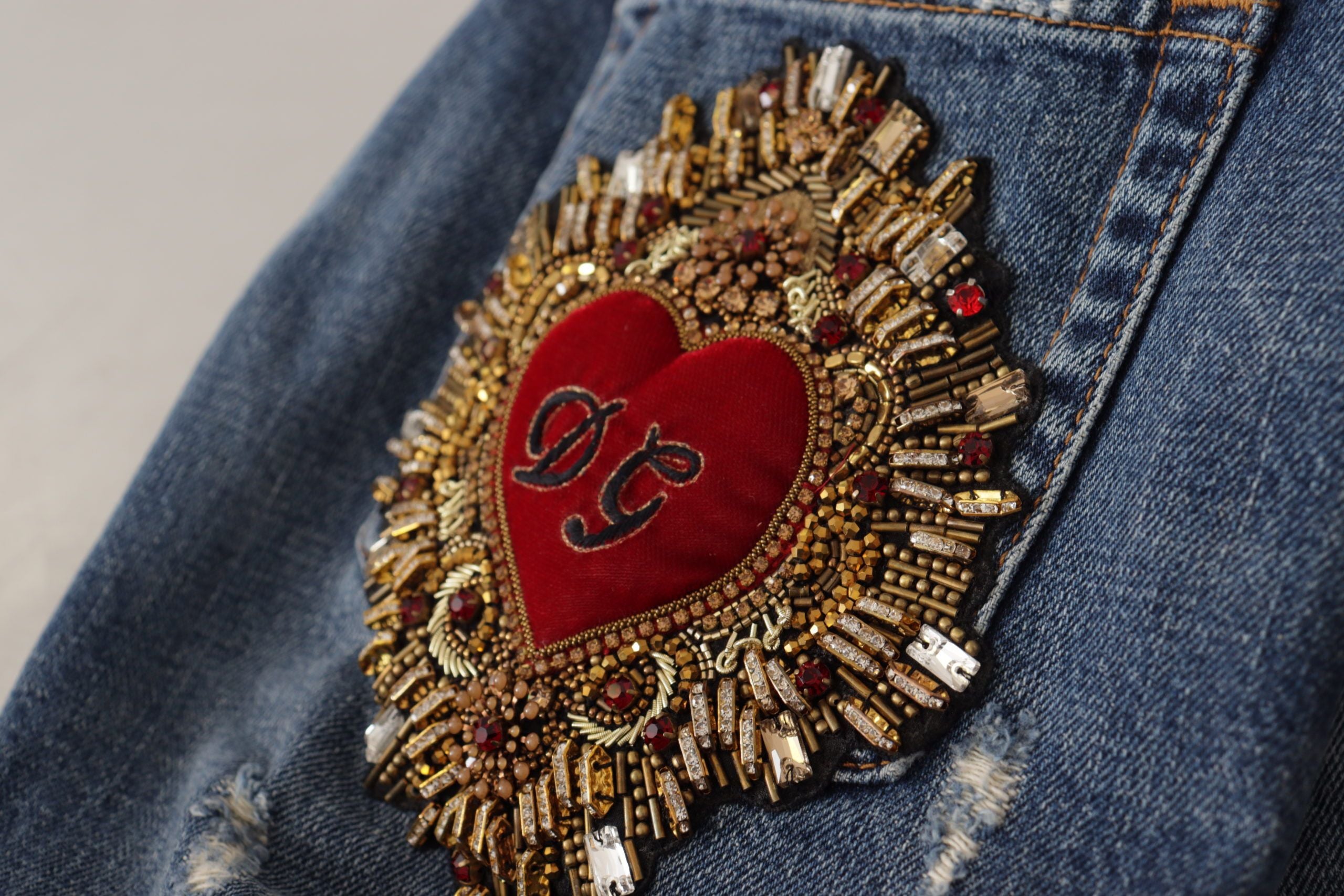 Dolce & Gabbana Blue Denim Baroque Heart Logo Patch Pants Jeans Dolce & Gabbana