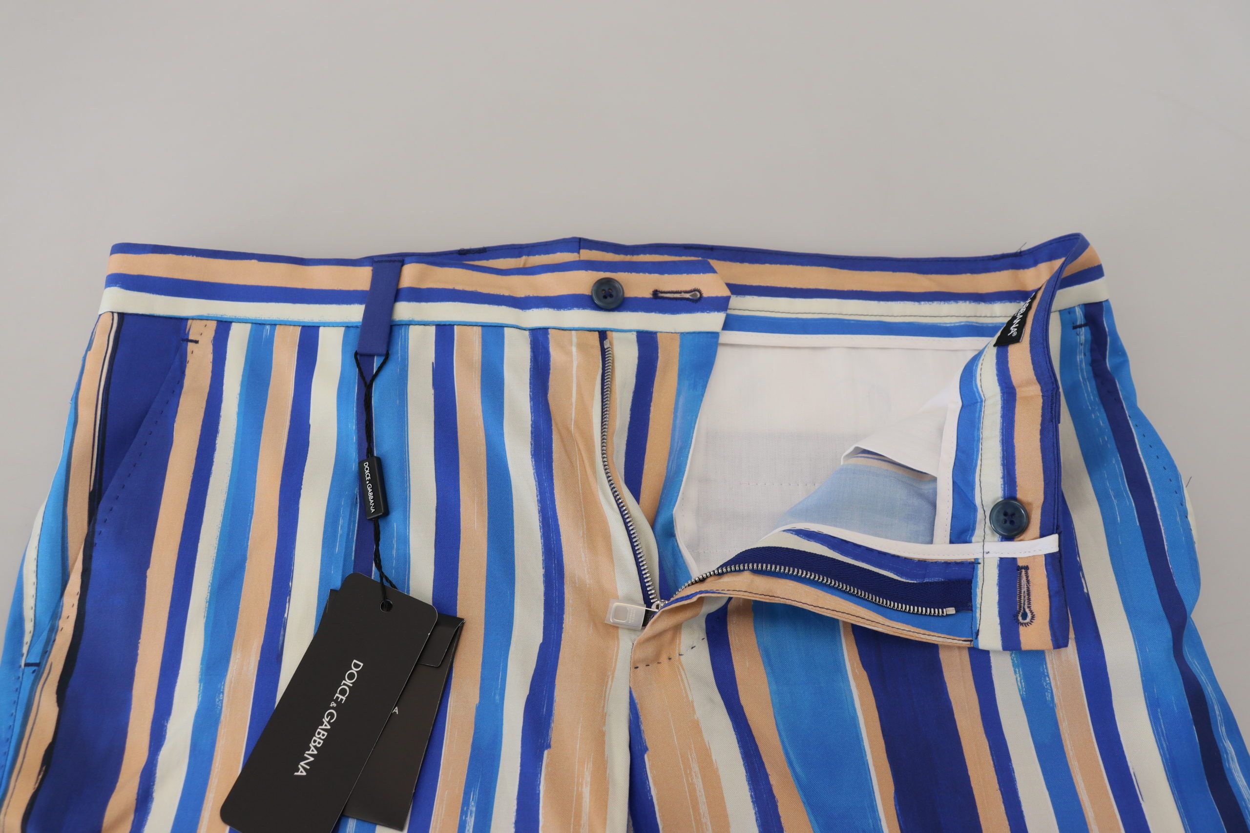 Dolce & Gabbana Blue Striped Silk Cotton Slim Trousers Pants Dolce & Gabbana