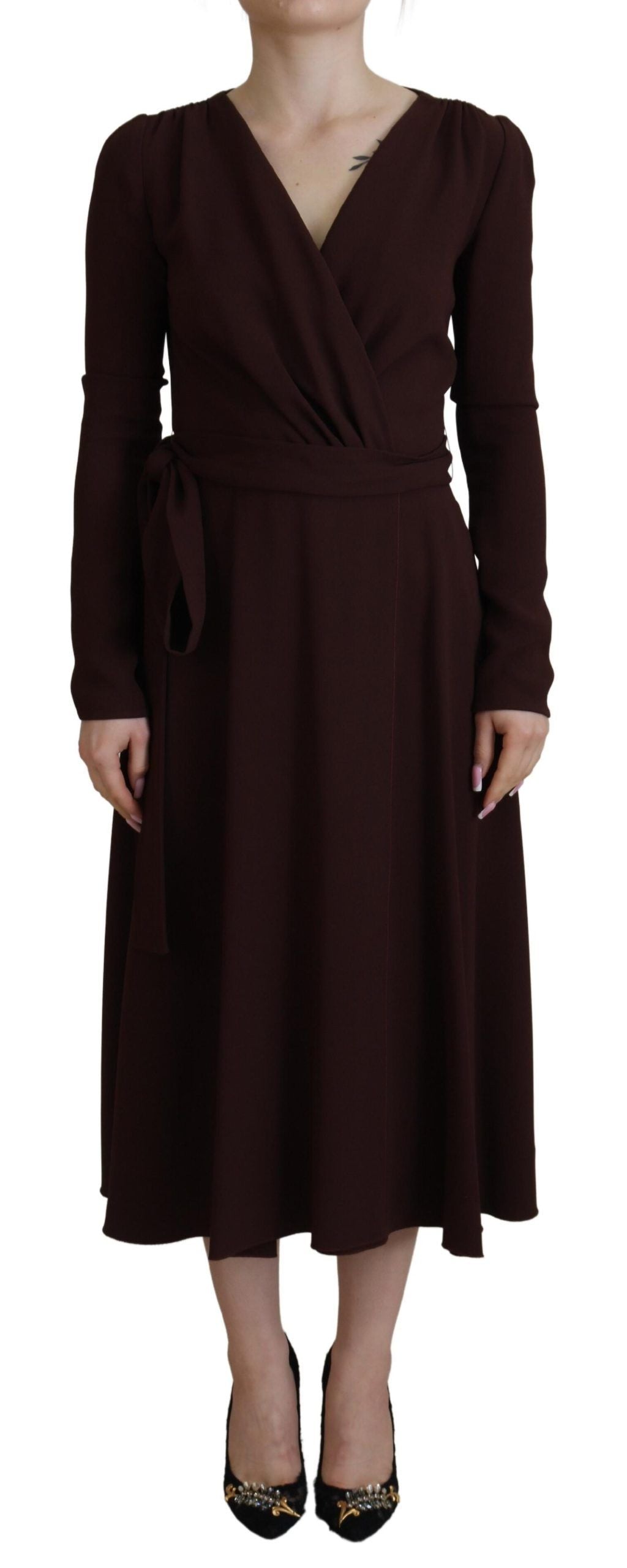Dolce & Gabbana Brown Wrap Long Sleeve Midi Stretch Dress Dolce & Gabbana