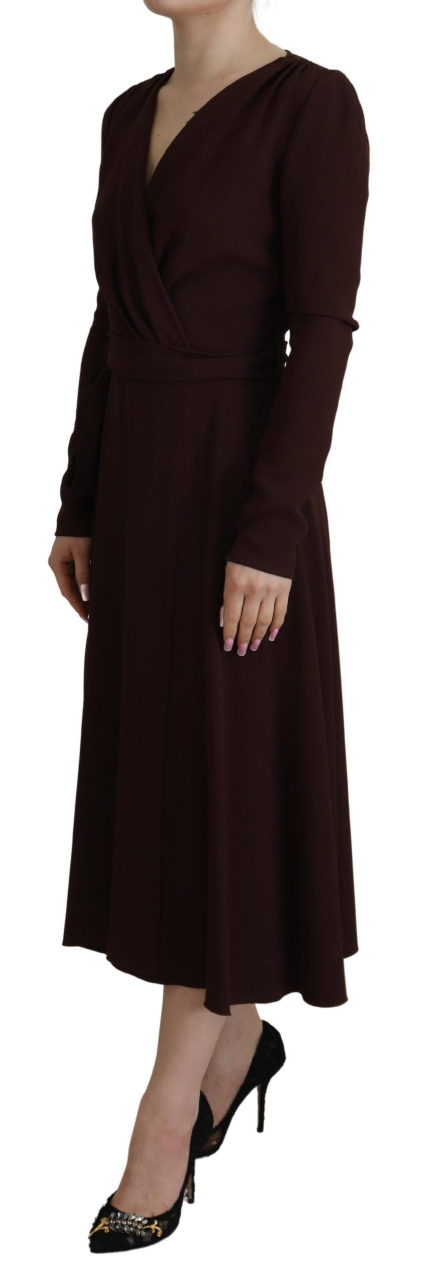 Dolce & Gabbana Brown Wrap Long Sleeve Midi Stretch Dress Dolce & Gabbana