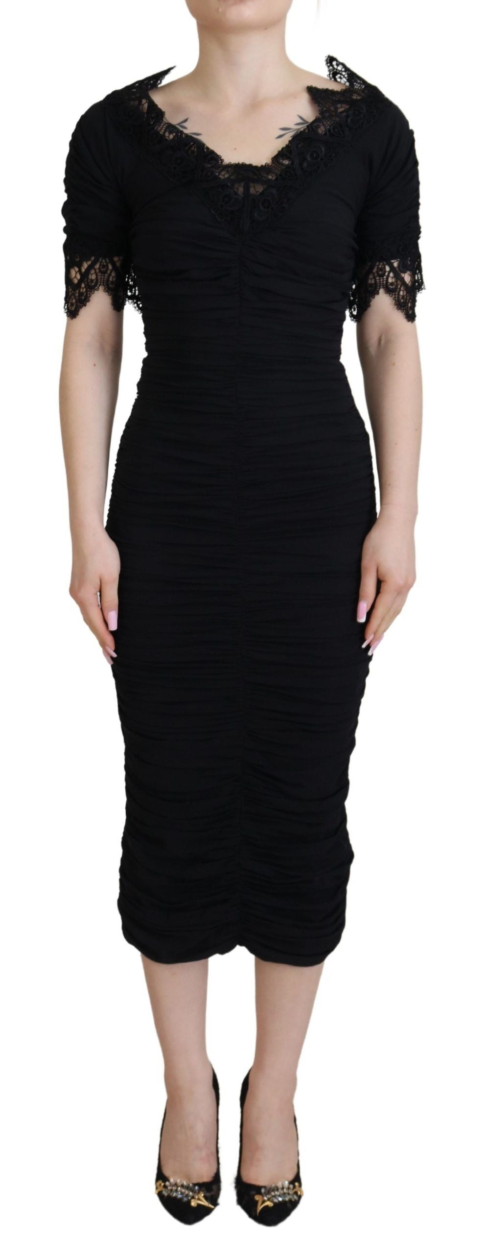 Dolce & Gabbana Black Sheath Midi Bodycon Lace Silk Dress Dolce & Gabbana