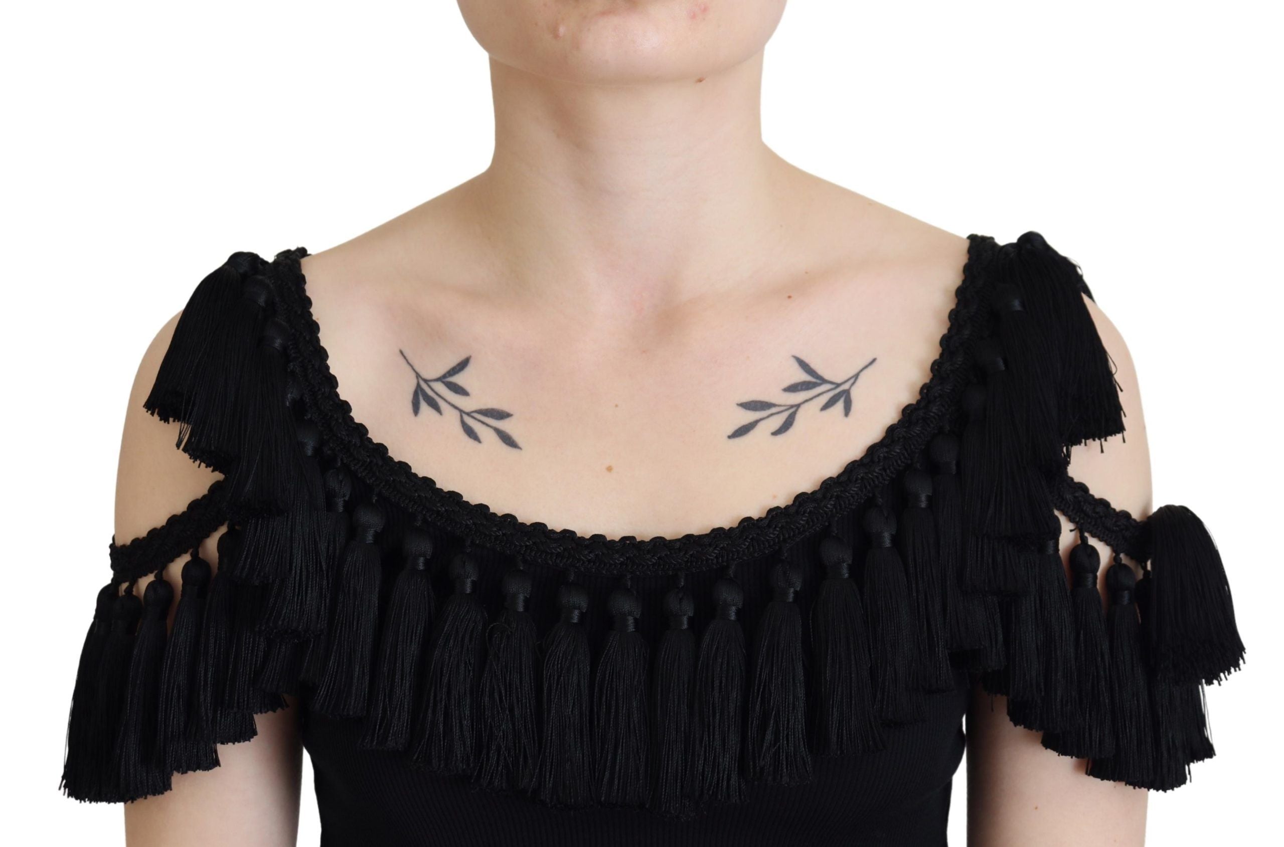 Dolce & Gabbana Black Tank Top Blouse Tassle Cotton Blouse Dolce & Gabbana