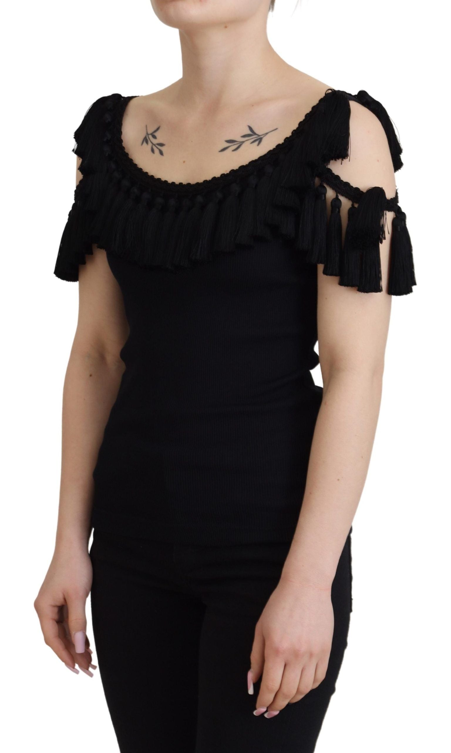 Dolce & Gabbana Black Tank Top Blouse Tassle Cotton Blouse Dolce & Gabbana