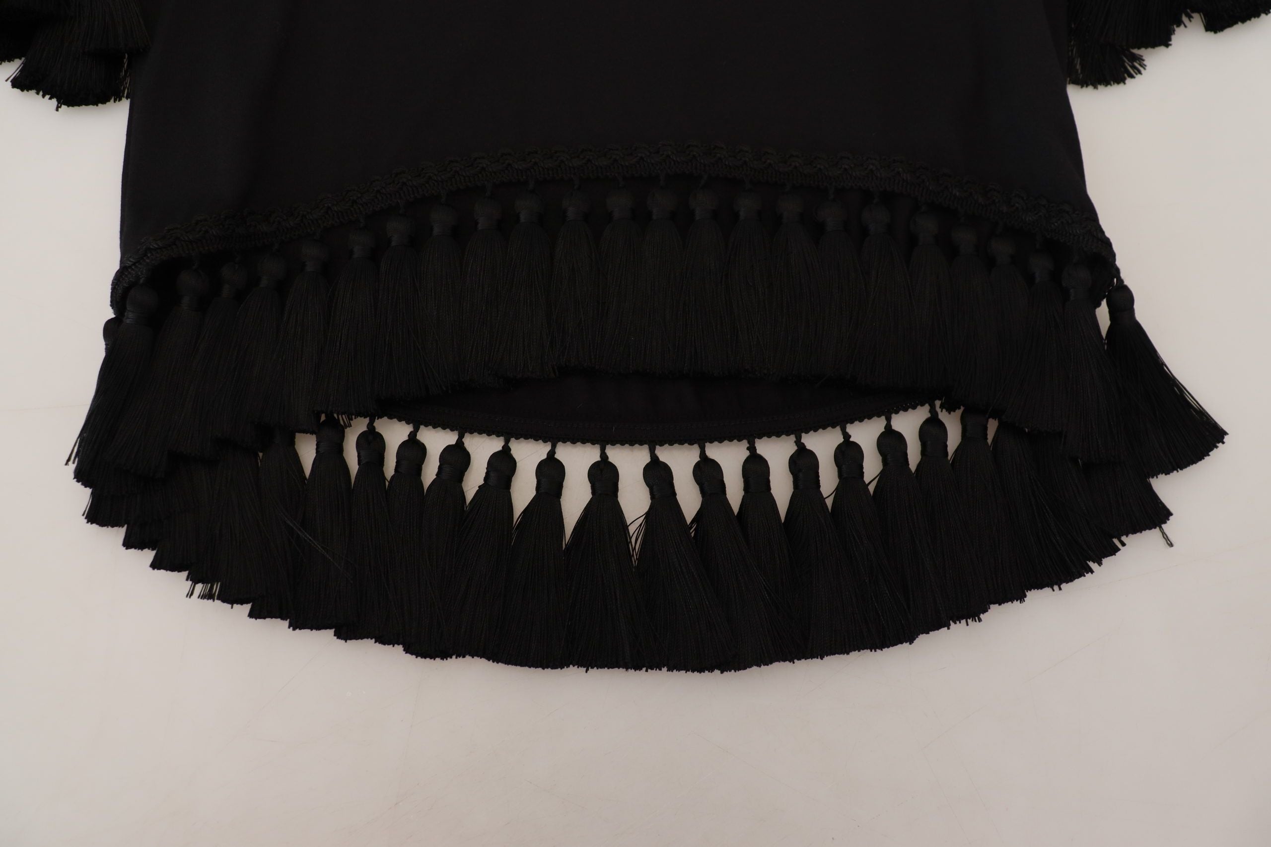Dolce & Gabbana Black T-shirt Blouse Tassle Cotton Blouse Dolce & Gabbana