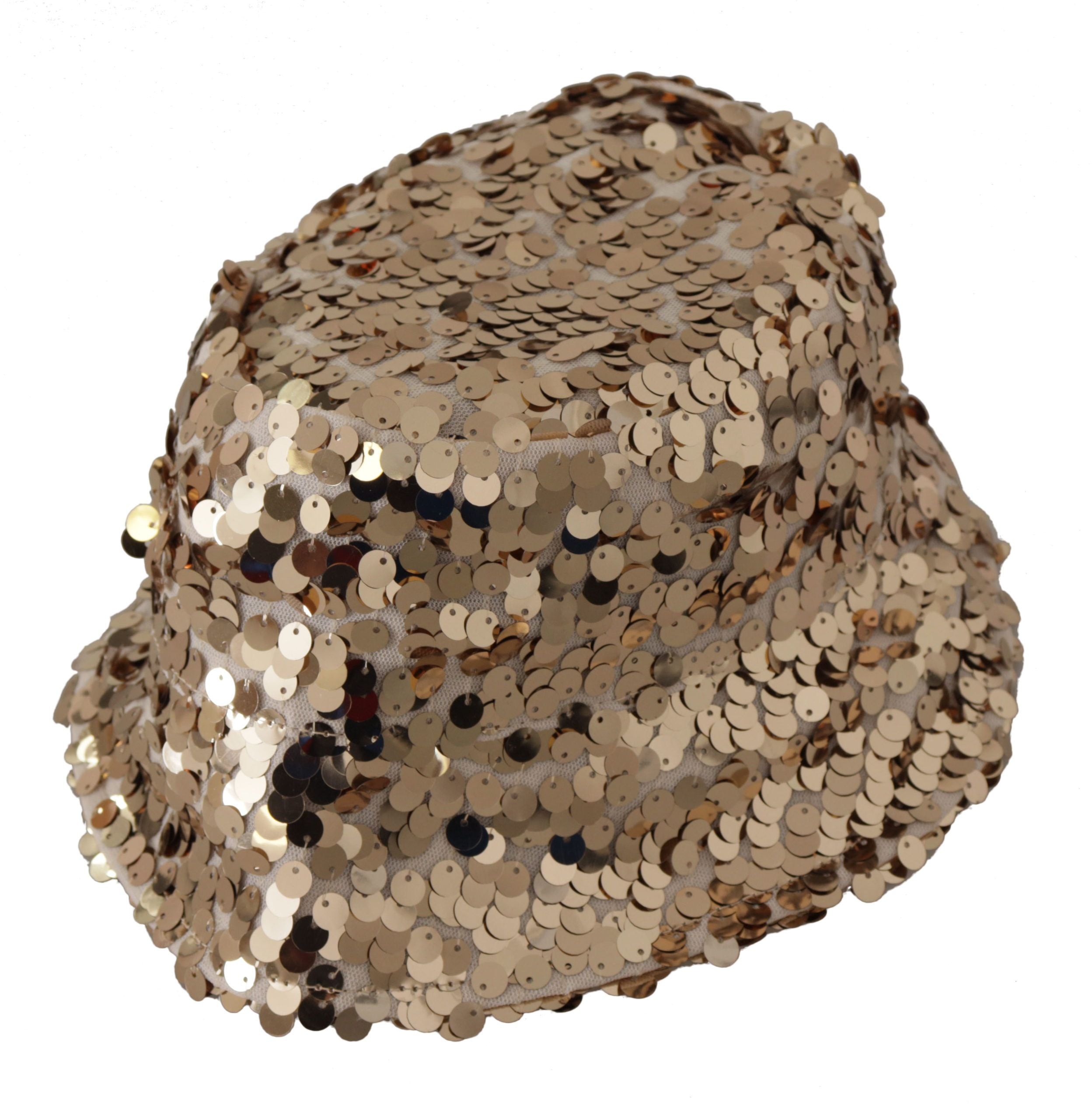 Dolce & Gabbana Gold Silk Sequin Embellished Designer Brim Bucket Hat Dolce & Gabbana
