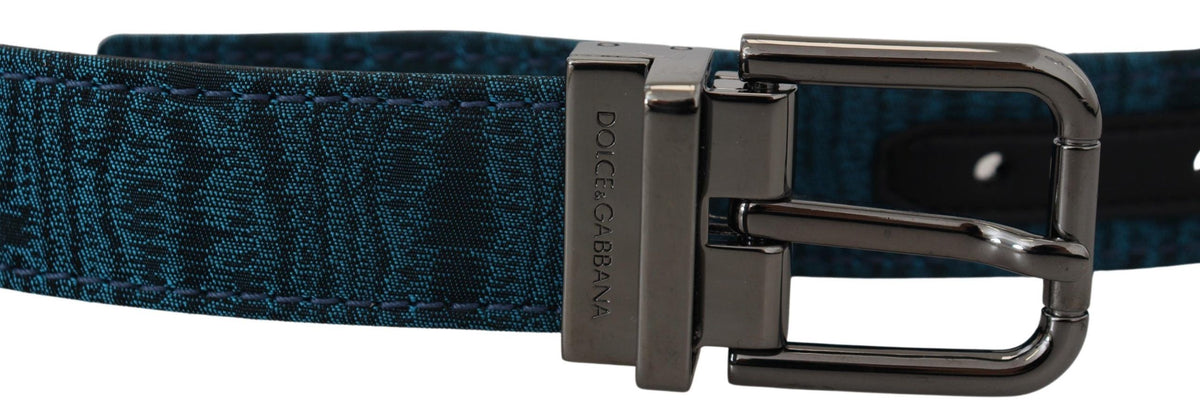 Dolce & Gabbana Blue Jacquard Moire Silver Metal Belt Men