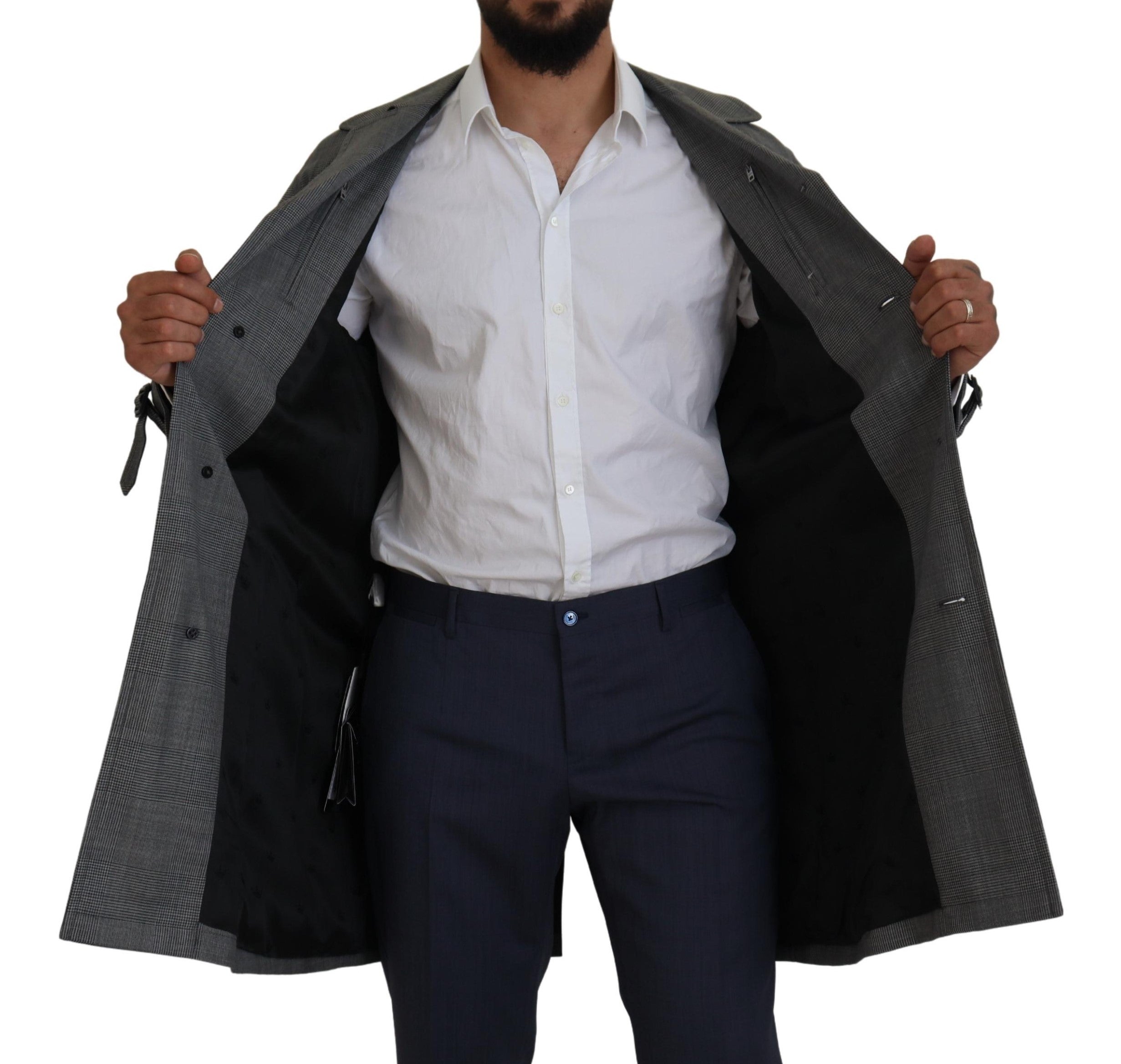Dolce & Gabbana Gray Wool Plaid Long Trench Coat Jacket Trench Coat Jacket Dolce & Gabbana