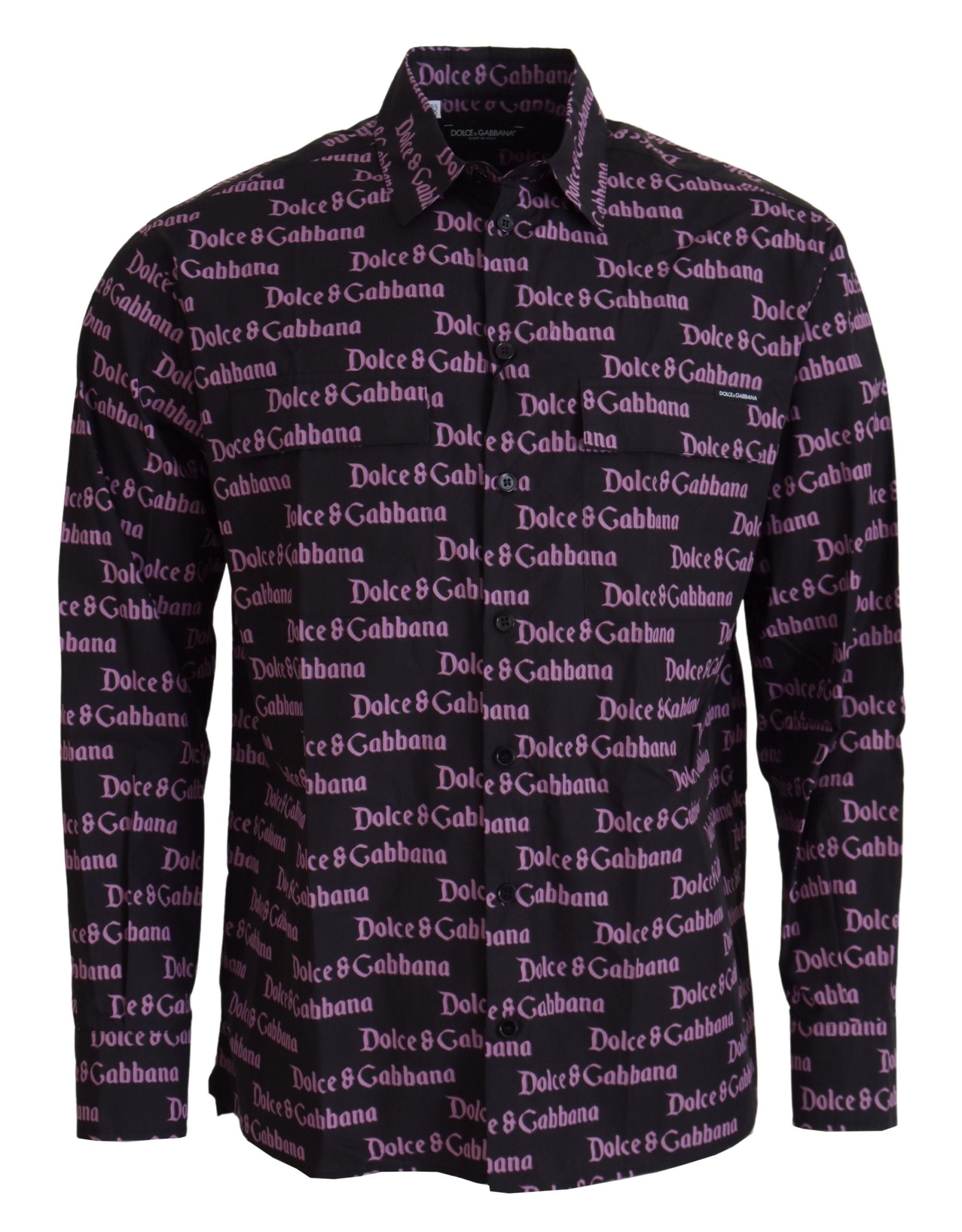 Dolce & Gabbana Black Purple Logo Slim Dress Formal Shirt Dolce & Gabbana