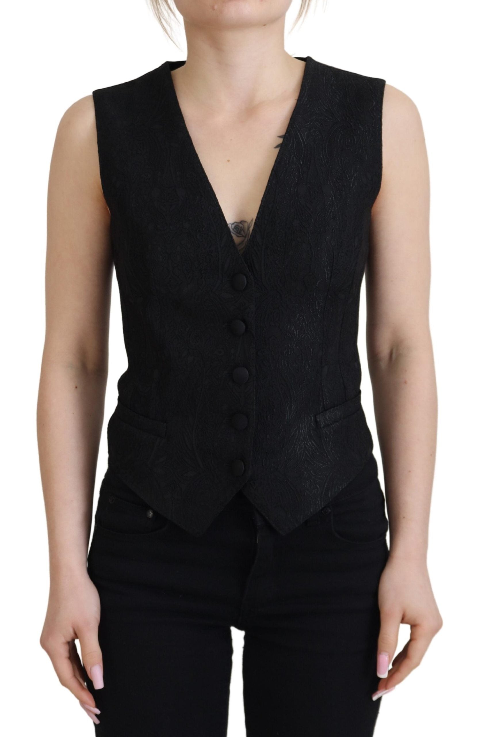 Dolce & Gabbana Black Brocade Button Down Sleeveless Vest Top Dolce & Gabbana