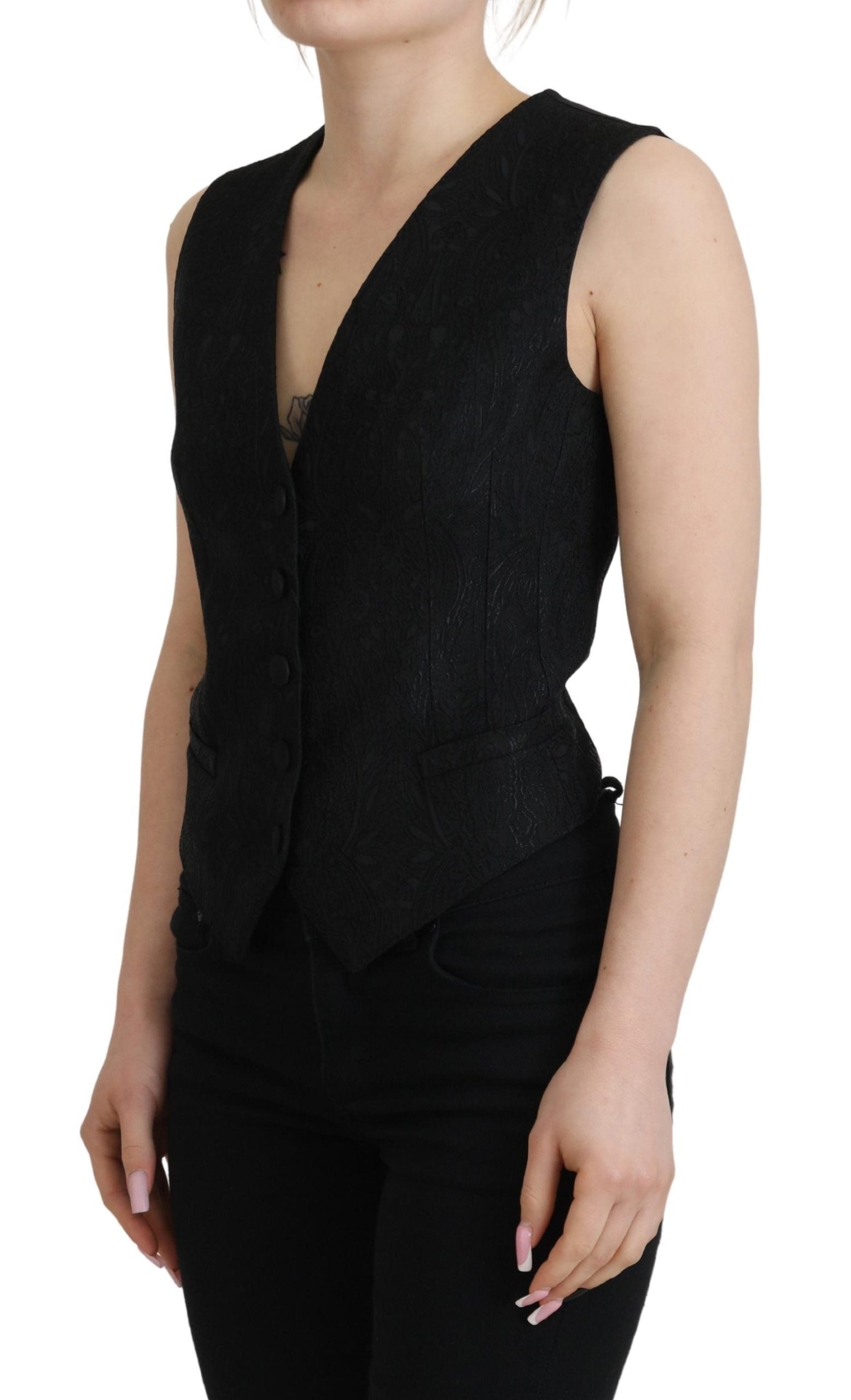Dolce & Gabbana Black Brocade Button Down Sleeveless Vest Top Dolce & Gabbana