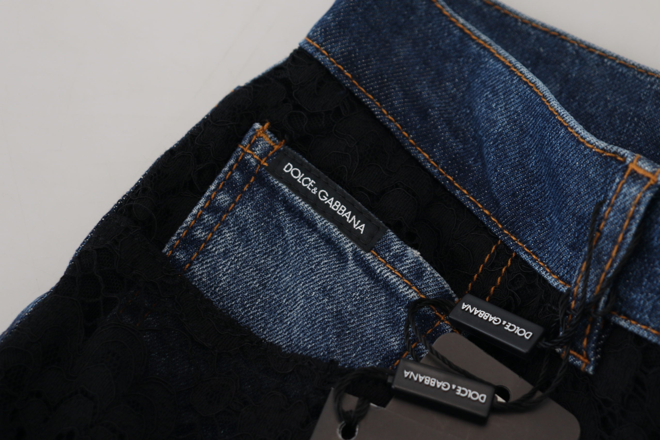 Dolce & Gabbana Black Floral Lace Front Skinny Denim Jeans Dolce & Gabbana