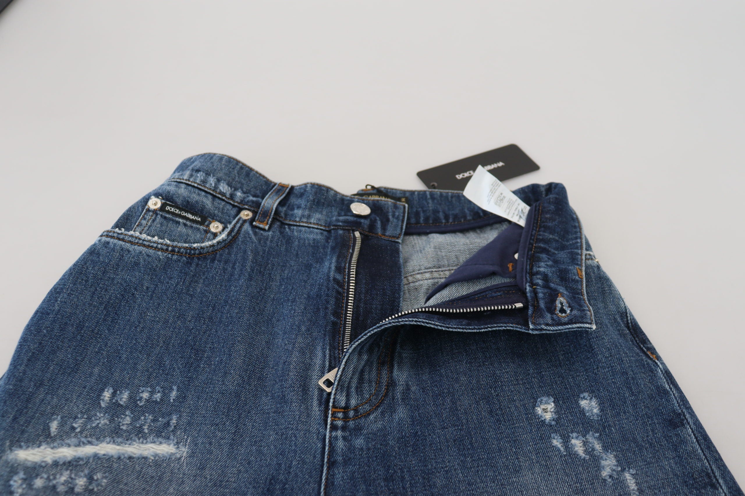 Dolce & Gabbana Blue Washed Cotton Tattered Denim Jeans Dolce & Gabbana
