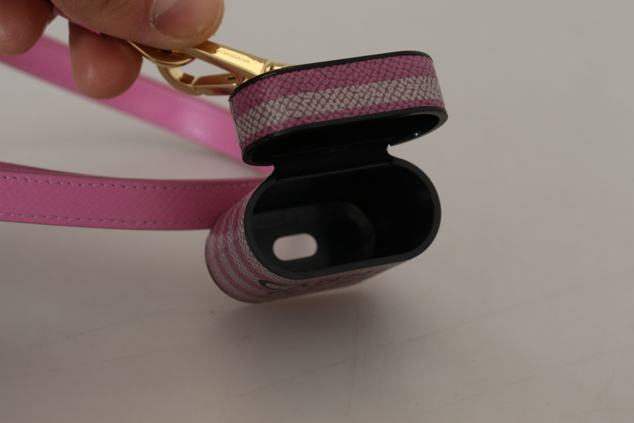 Dolce & Gabbana Pink Black Leather Strap Gold Metal Logo Airpods Case Dolce & Gabbana