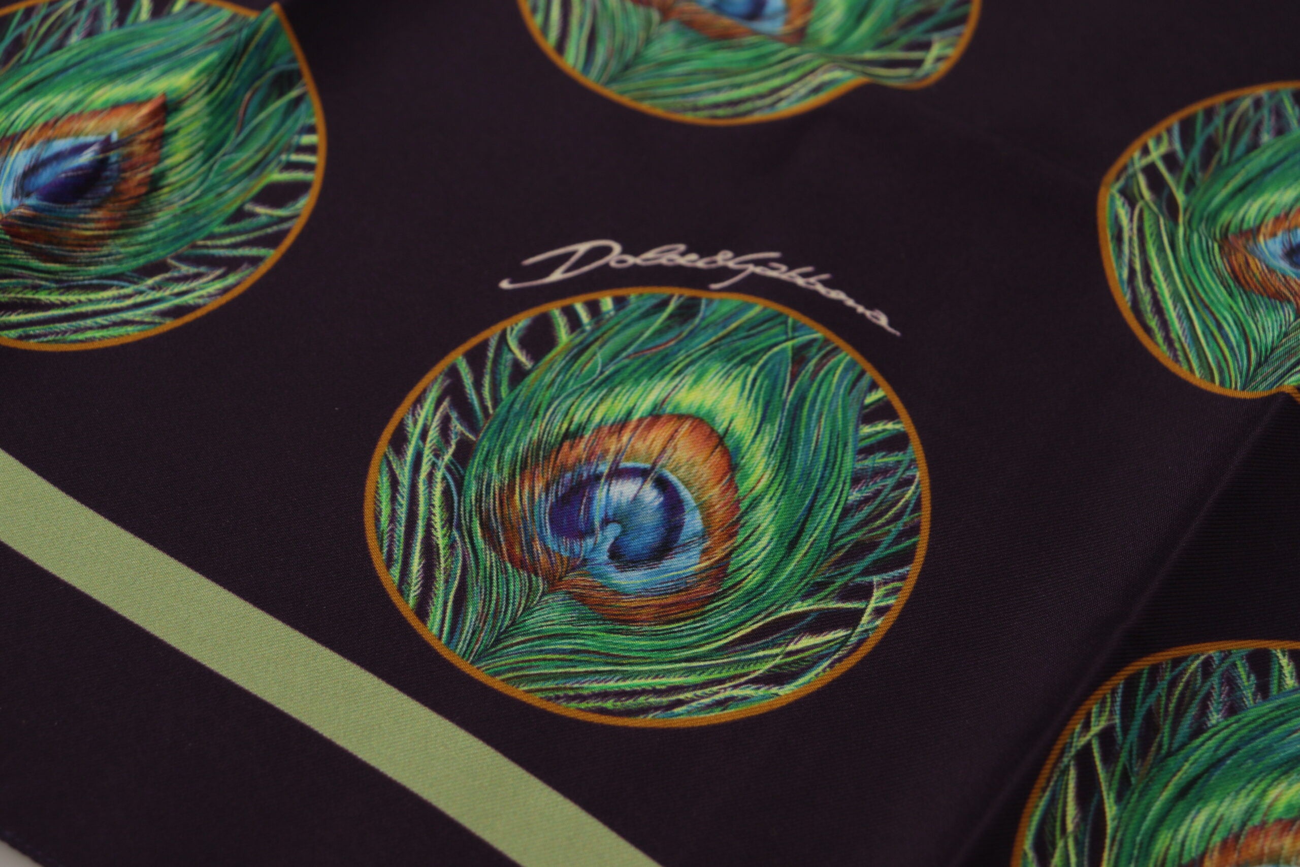 Dolce & Gabbana Black Peacock Feather DG Printed Square Handkerchief Scarf Dolce & Gabbana