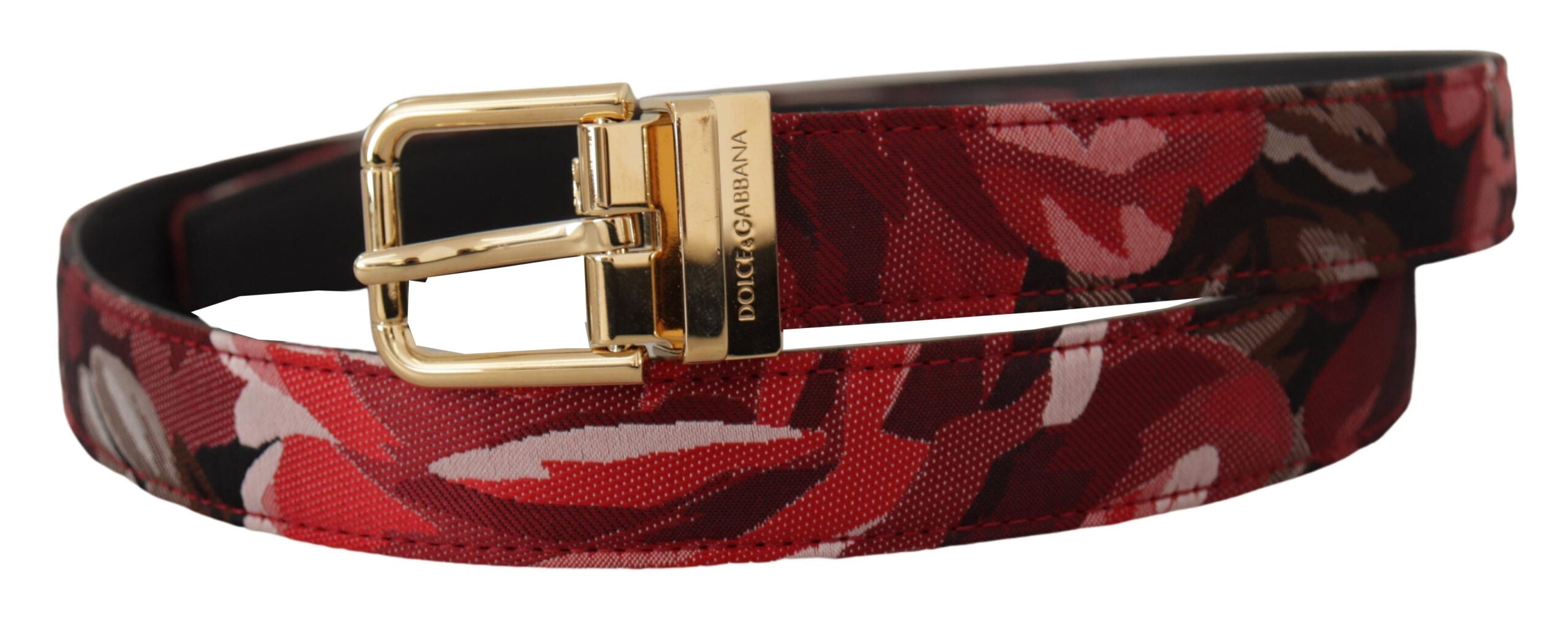 Dolce & Gabbana Red Jacquard Rose Leather Gold Metal Buckle Belt Dolce & Gabbana