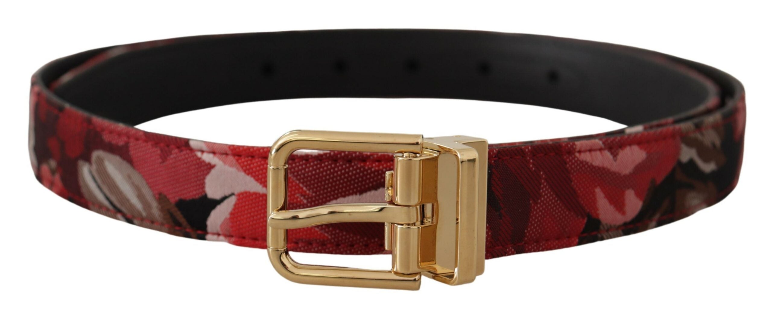 Dolce & Gabbana Red Jacquard Rose Leather Gold Metal Buckle Belt Dolce & Gabbana