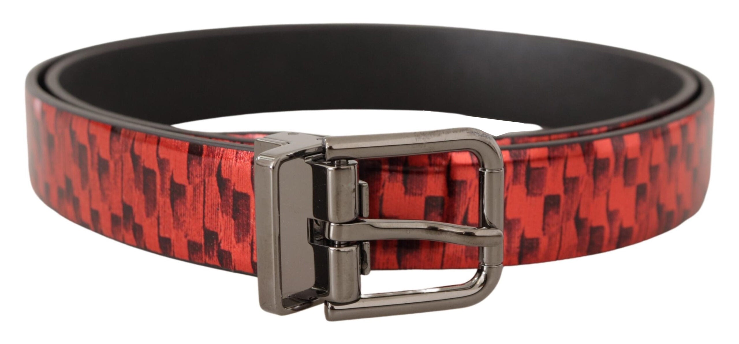 Dolce & Gabbana Red Herringbone Leather Gray Tone Buckle Belt Dolce & Gabbana