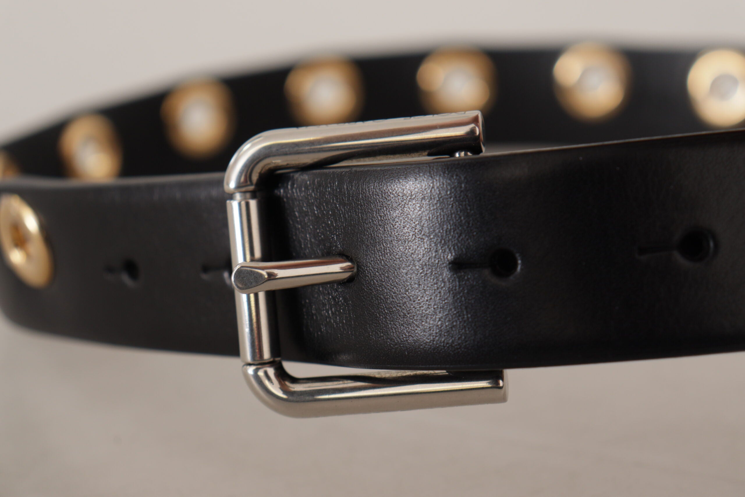 Dolce & Gabbana Black Leather Eyelet Silver Tone Metal Buckle Belt Dolce & Gabbana