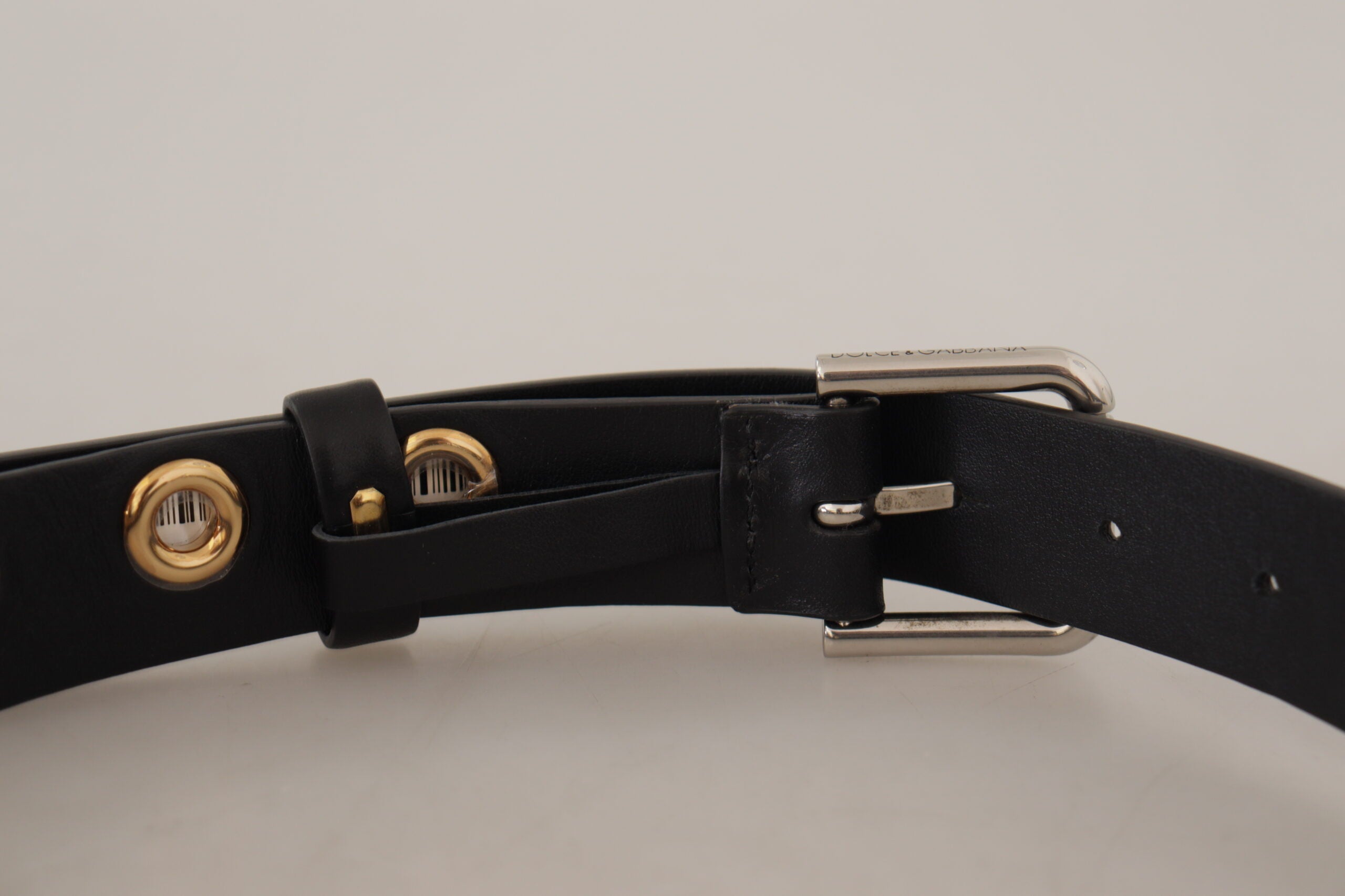 Dolce & Gabbana Black Leather Eyelet Silver Tone Metal Buckle Belt Dolce & Gabbana