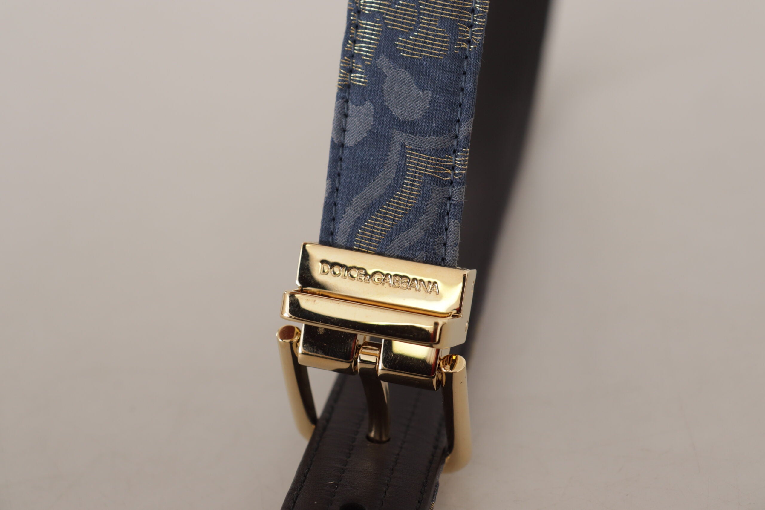 Dolce & Gabbana Navy Blue Jacquard Gold Tone Logo Metal Buckle Belt Dolce & Gabbana
