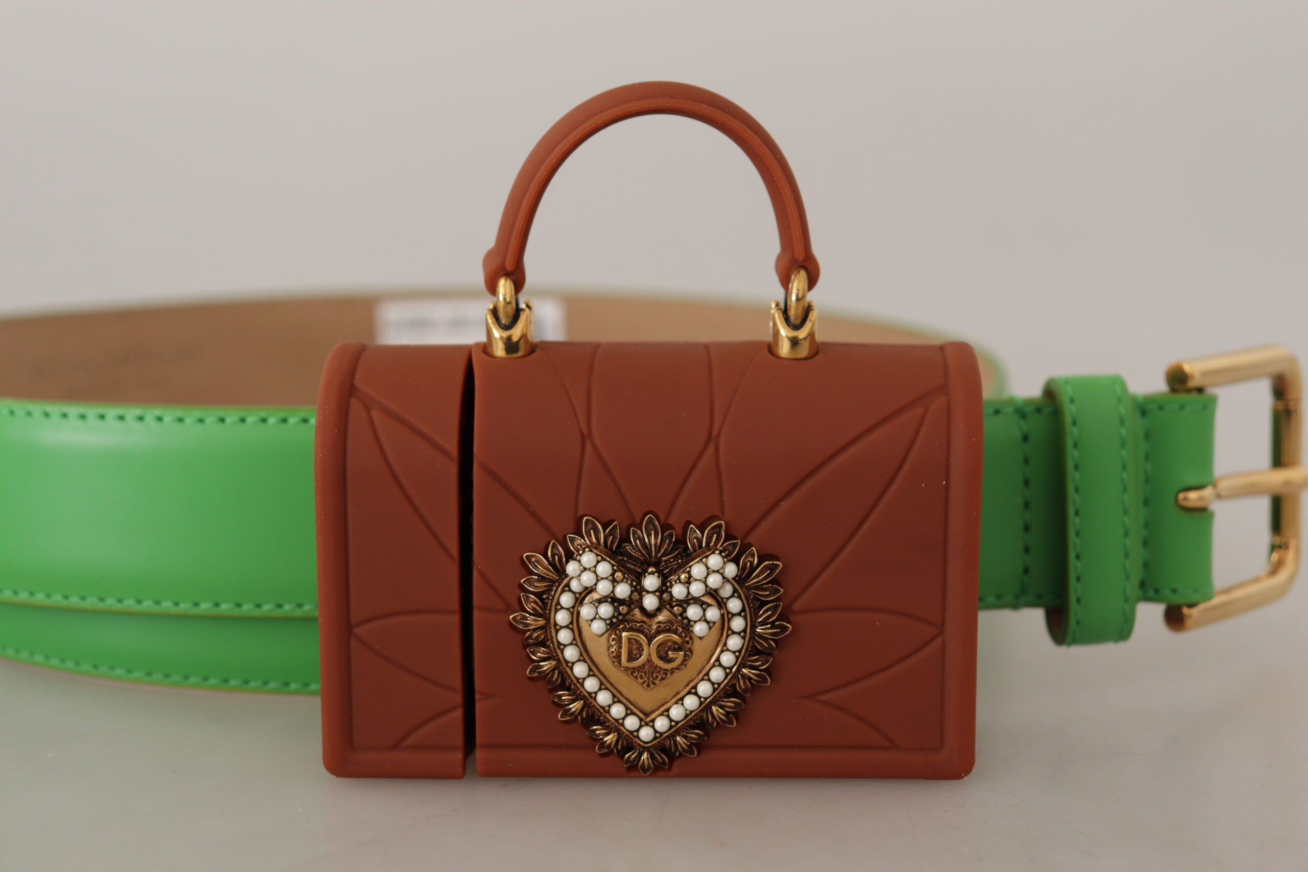 Dolce & Gabbana Green Leather Devotion Heart Micro Bag Headphones Belt Dolce & Gabbana