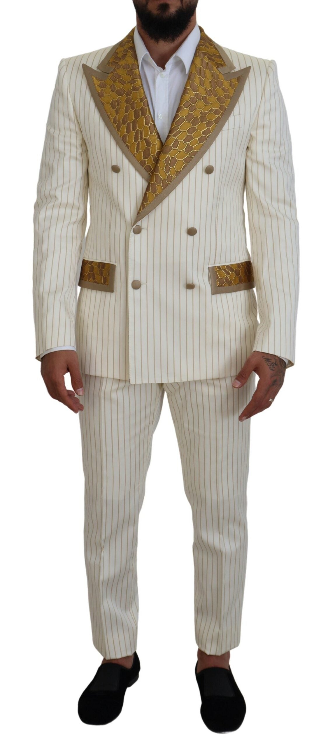 Dolce & Gabbana Off White Gold Striped Tuxedo Slim Fit Suit Dolce & Gabbana