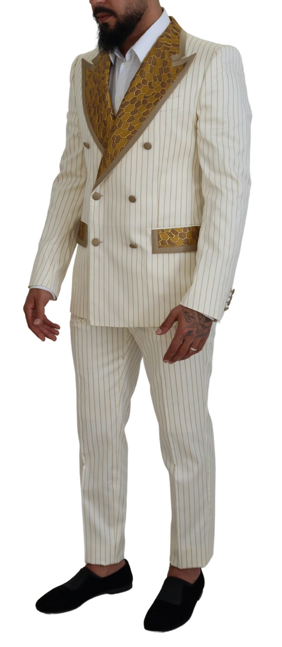 Dolce & Gabbana Off White Gold Striped Tuxedo Slim Fit Suit Dolce & Gabbana