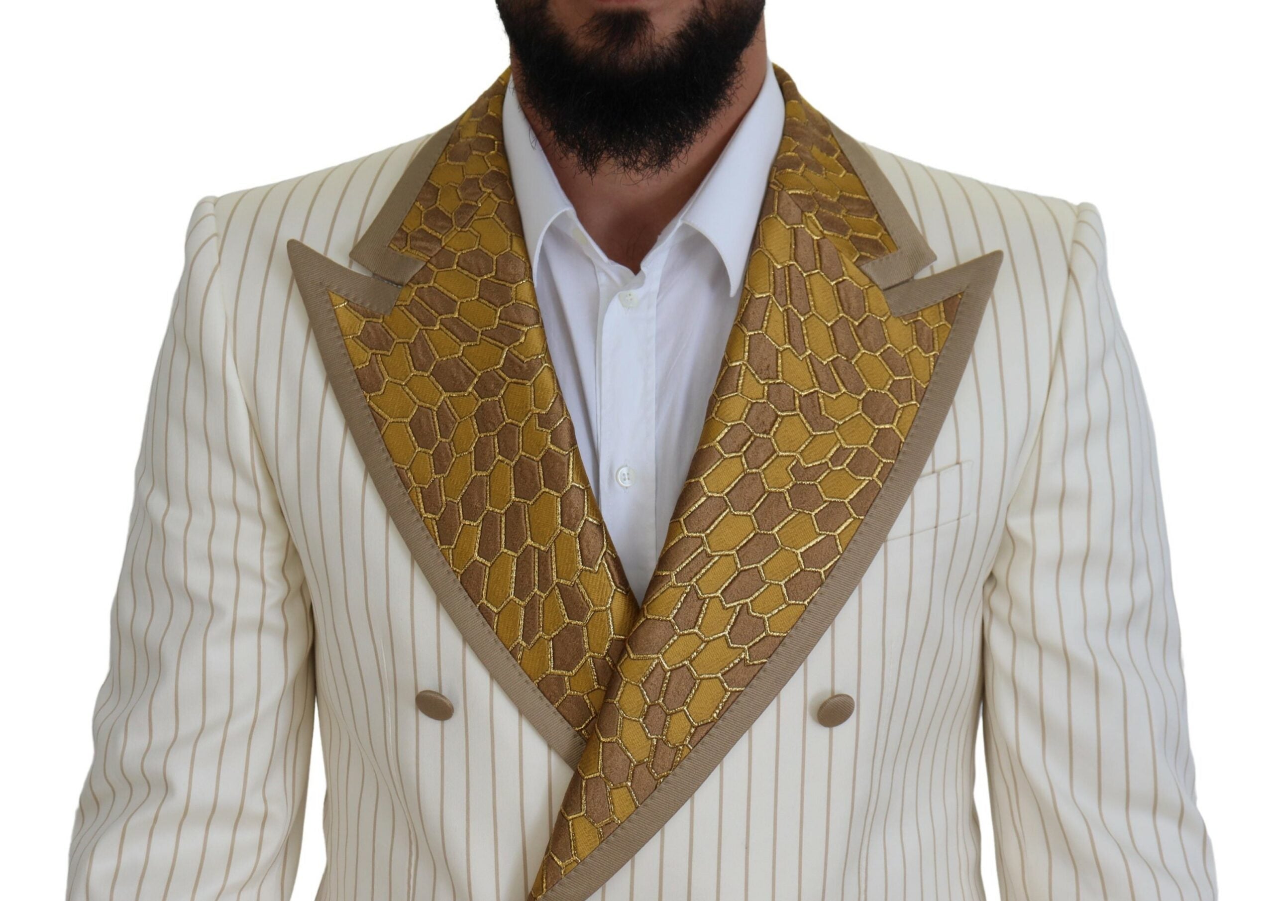 Dolce & Gabbana Off White Gold Striped Tuxedo Slim Fit Suit Dolce & Gabbana