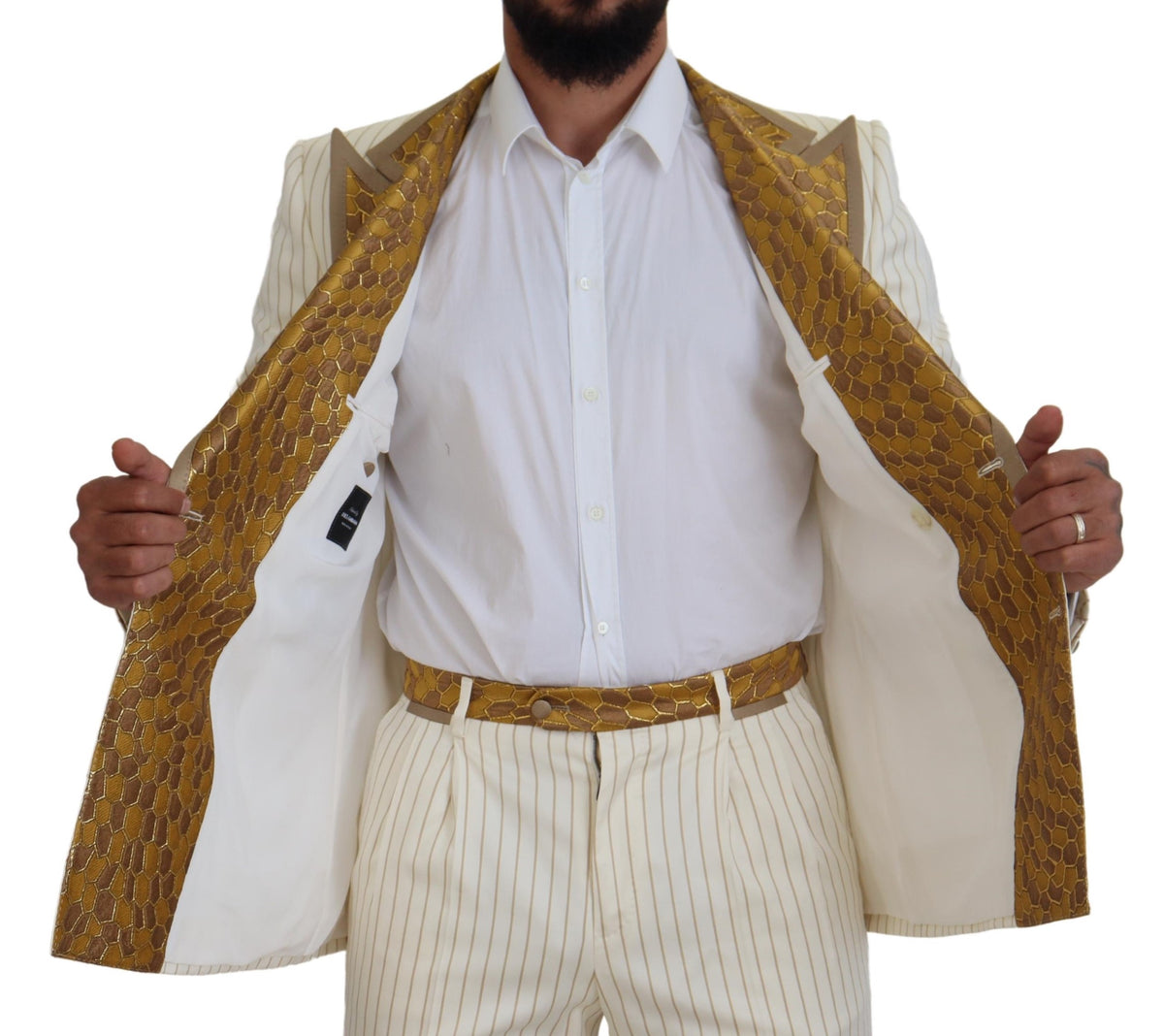 Dolce & Gabbana Off White Gold Striped Tuxedo Slim Fit Suit Dolce & Gabbana