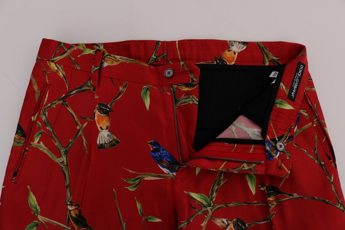 Dolce & Gabbana Red Silk Bird Print Dress Pants Dolce & Gabbana