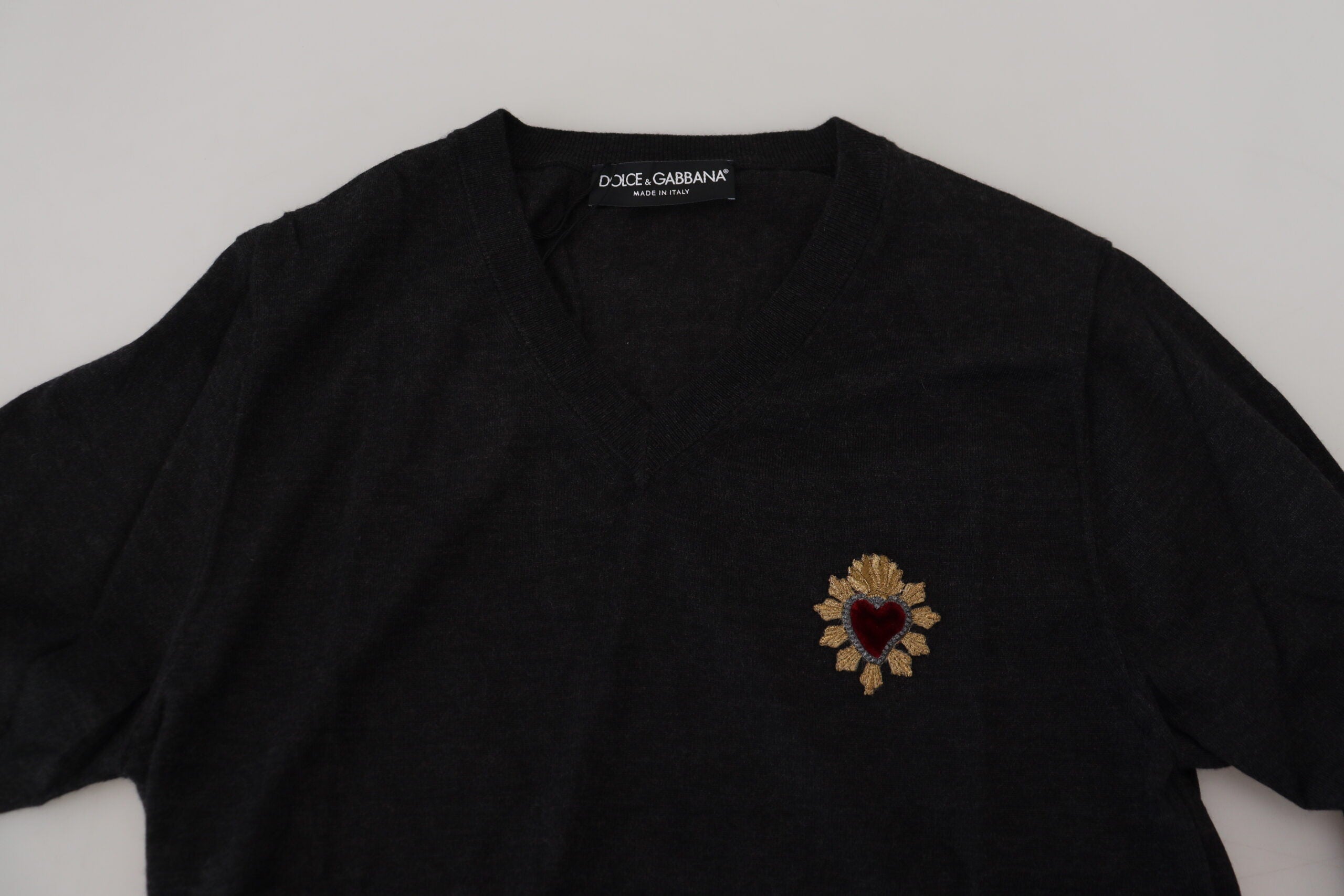 Dolce & Gabbana Gray Cashmere V-neck Gold Heart Sweater Dolce & Gabbana