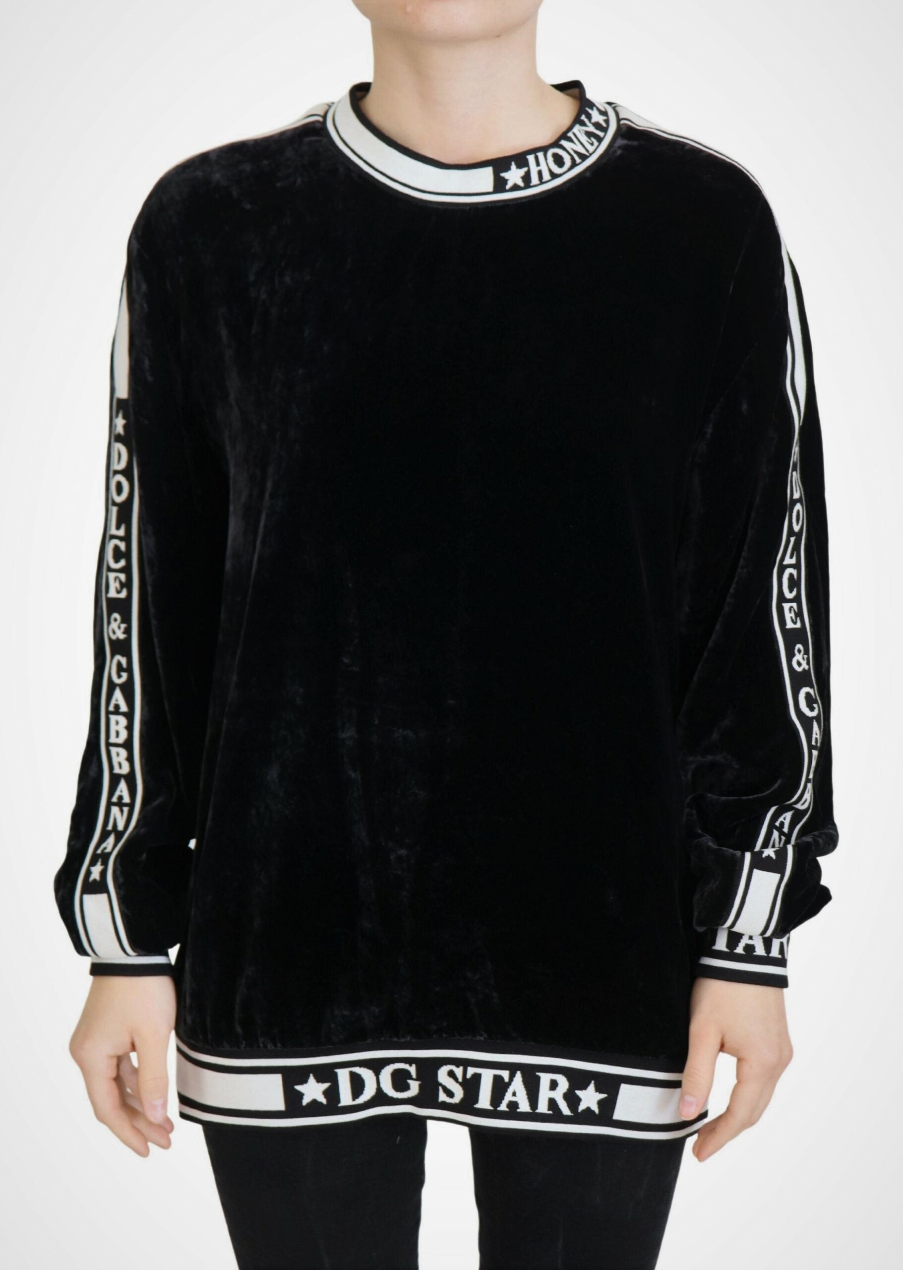 Dolce & Gabbana Black Velvet Crewneck Pullover Sweater Dolce & Gabbana