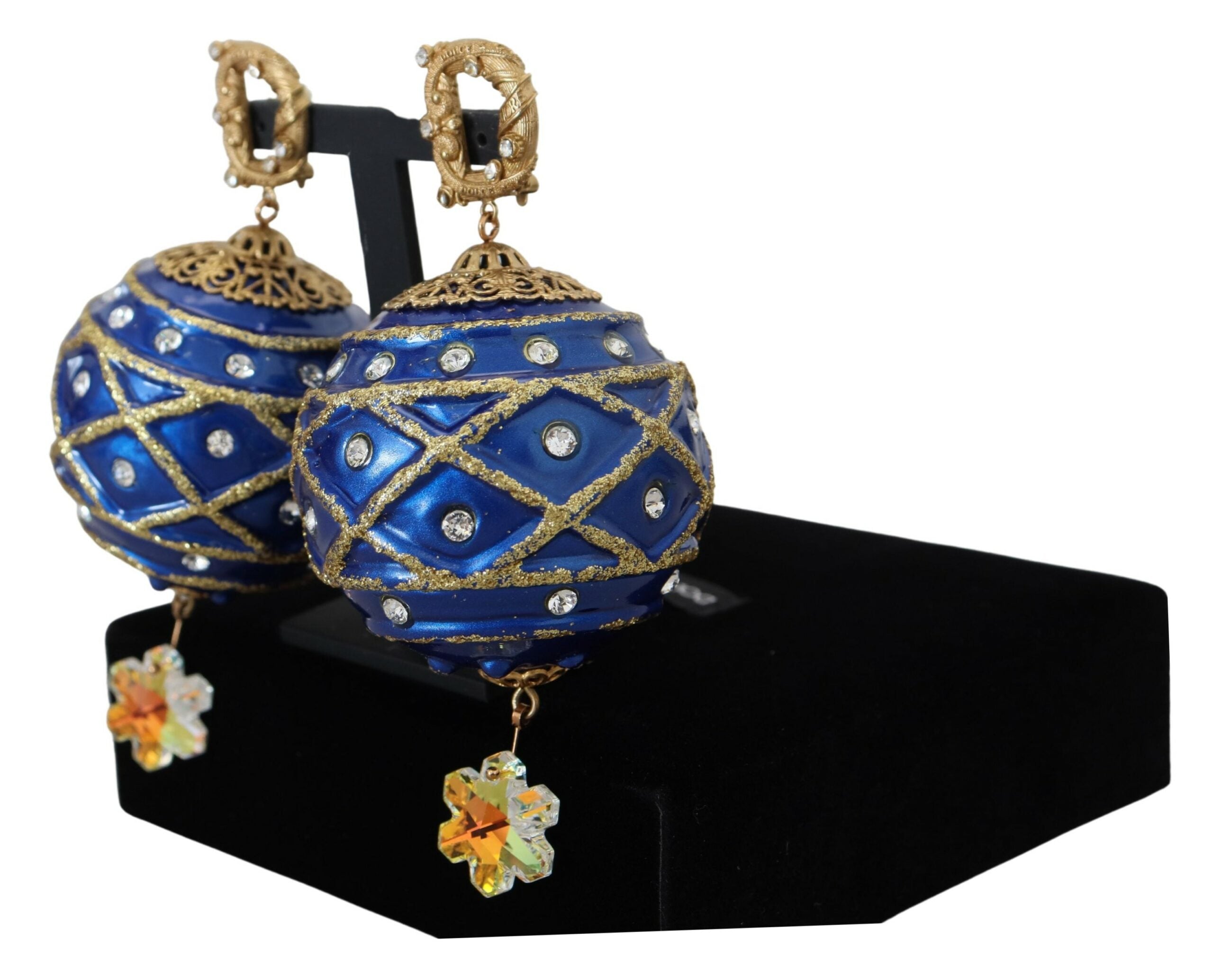 Dolce & Gabbana Gold Brass Blue Dangle Ball Crystal Clip On Earrings Dolce & Gabbana
