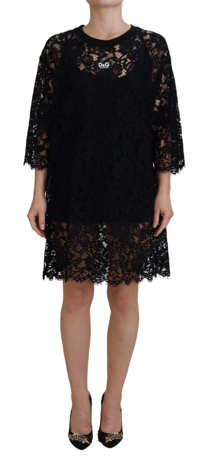 Dolce & Gabbana Black Floral Lace Cotton Shift Mini Dress Dolce & Gabbana