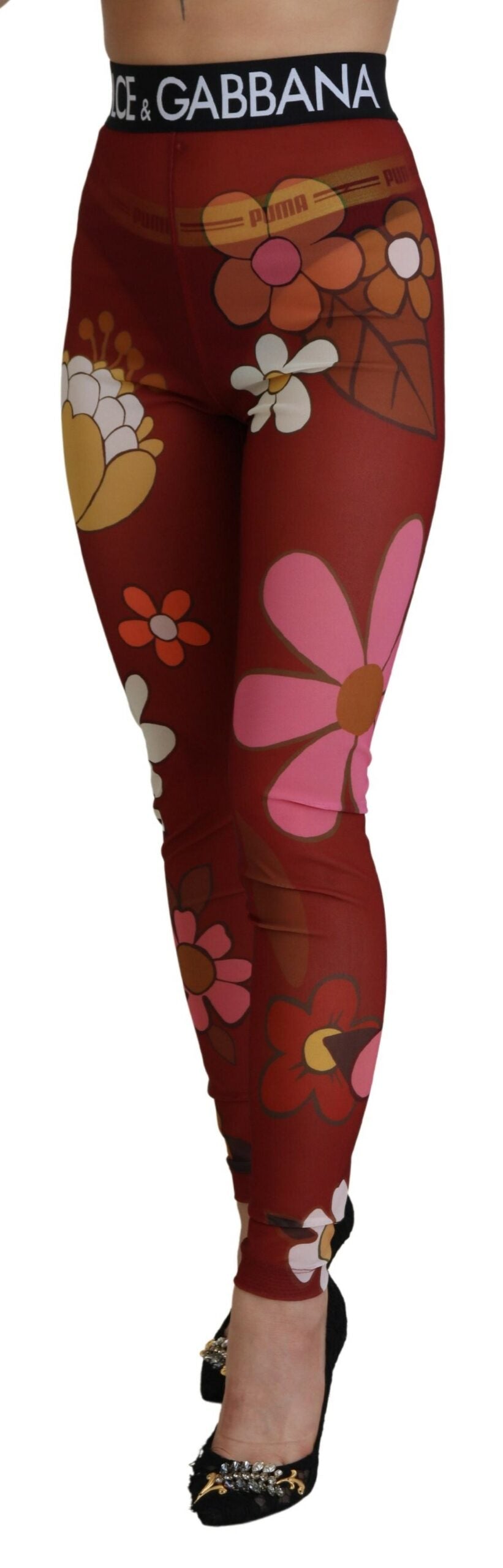 Dolce & Gabbana Red Floral Leggings Stretch Waist Pants Dolce & Gabbana