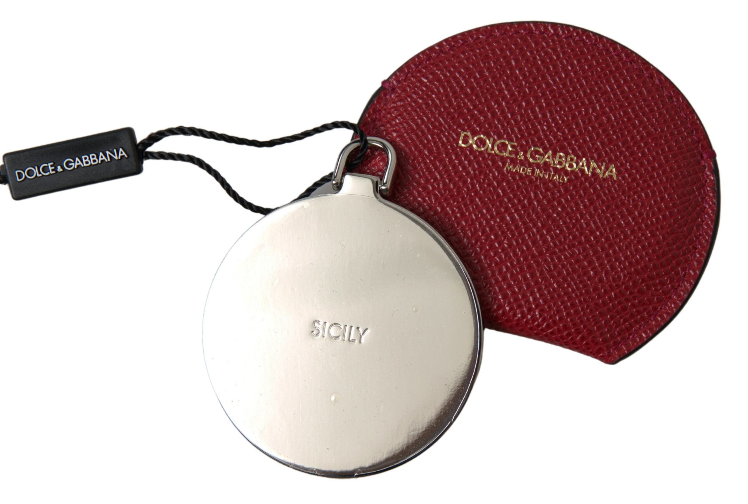 Dolce & Gabbana Red Calfskin Leather Round Hand Mirror Holder Dolce & Gabbana