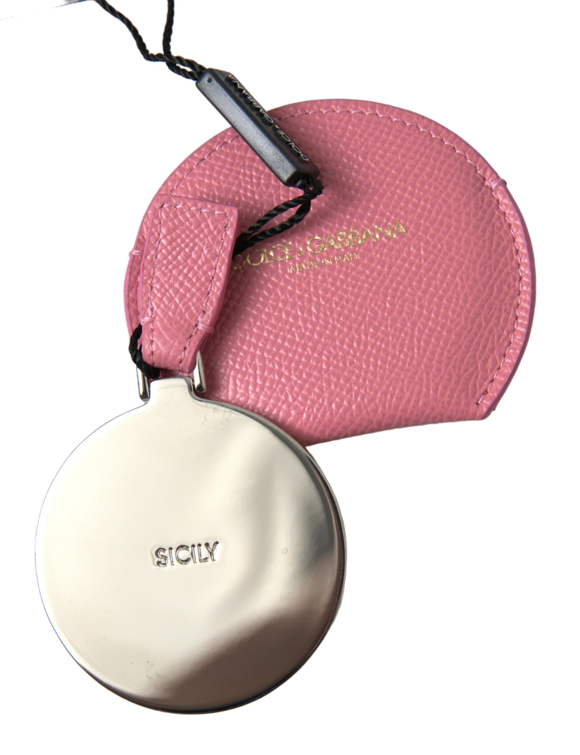 Dolce & Gabbana Pink Calfskin Leather Round Logo Print Hand Mirror Holder Dolce & Gabbana